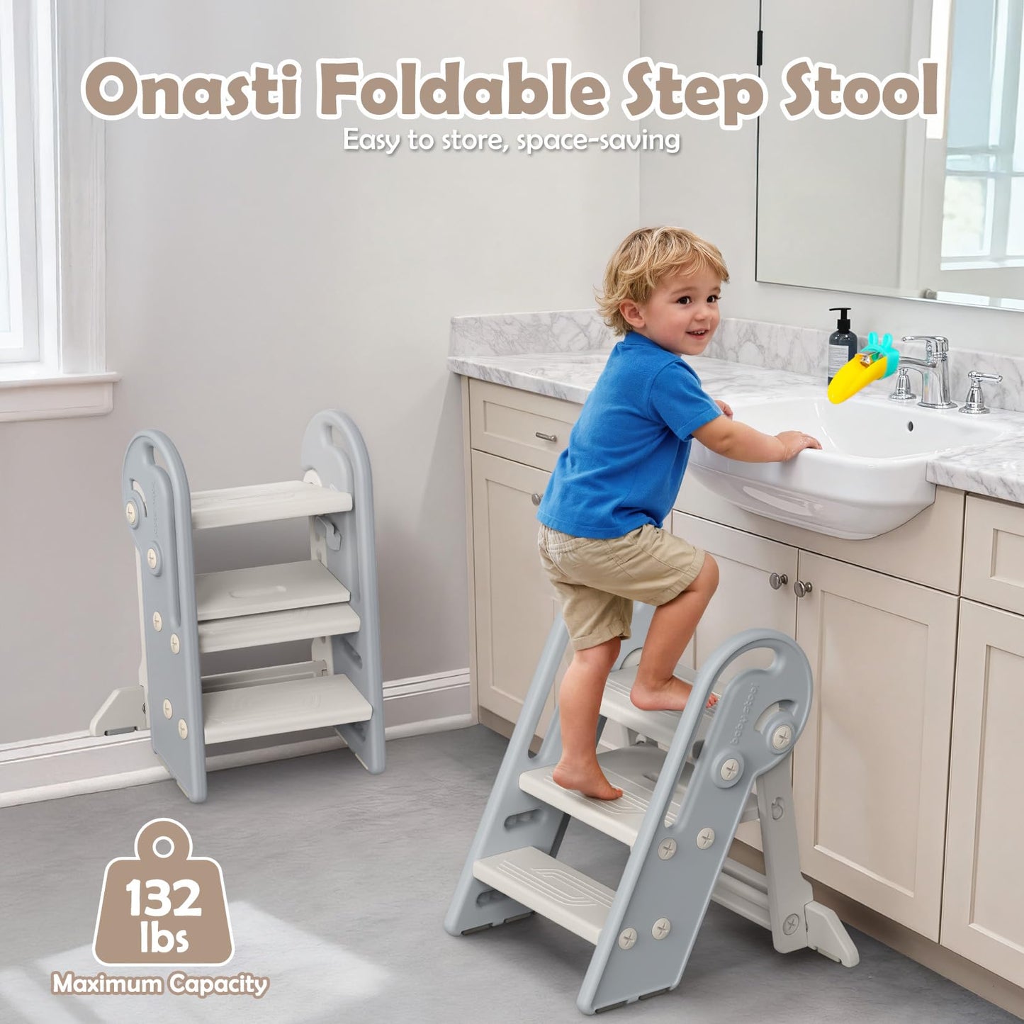 Onasti Adjustable Toddler Step Stool with Handles, Converts from 3-Step to 2-Step as Kids Grow, Non-Slip Safety Stool for Bathroom Sink, Kitchen Counter, Potty Training and Everyday Household Use-Grey