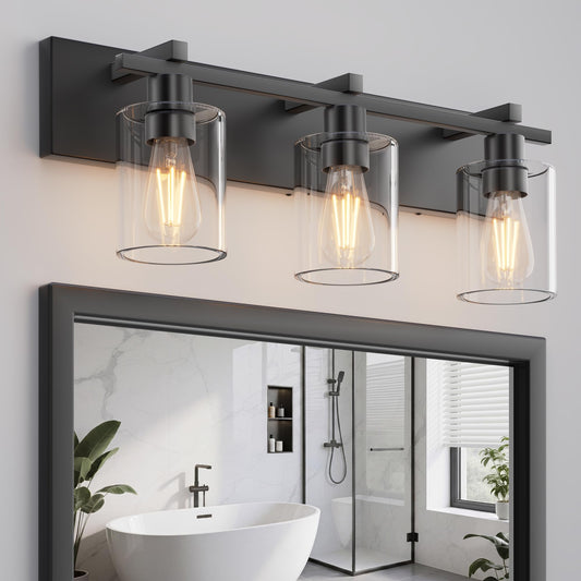 Espird Bathroom Vanity Light,3 Light Matte Black Light Fixture with Thickened Clear Glass Shade, 21 inch Dimmable Modern Wall Sconce, Bathrooms Vanity Light Over Mirror for Bathroom