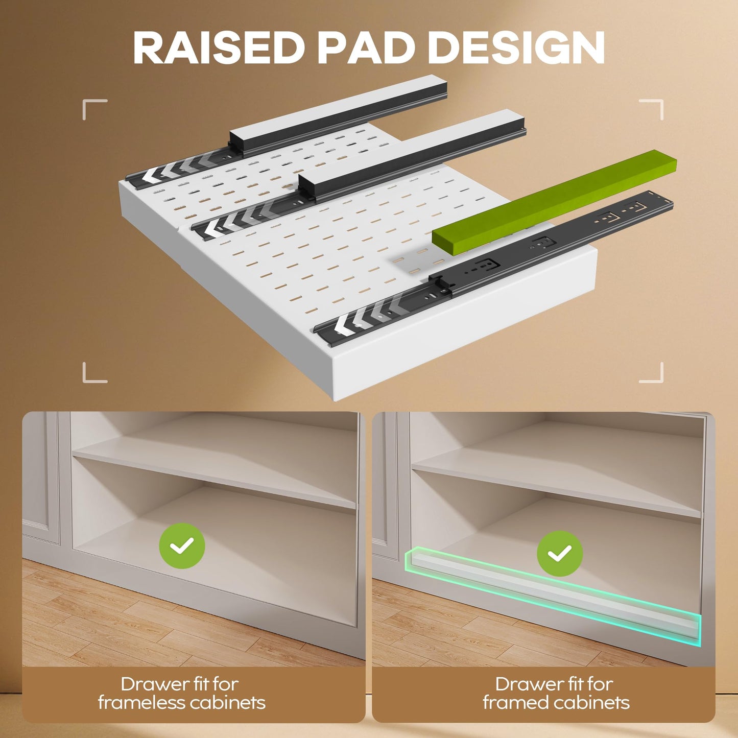 Seinloes 2Pack Pull out Cabinet Organizer 21"Deep with 4 Adjustable Dividers,Expandable（12.1"-20.4"W） Pots and Pans Organizer Under Cabinet with Raising Pad for Framed Cabinets,Slide out Drawers,White