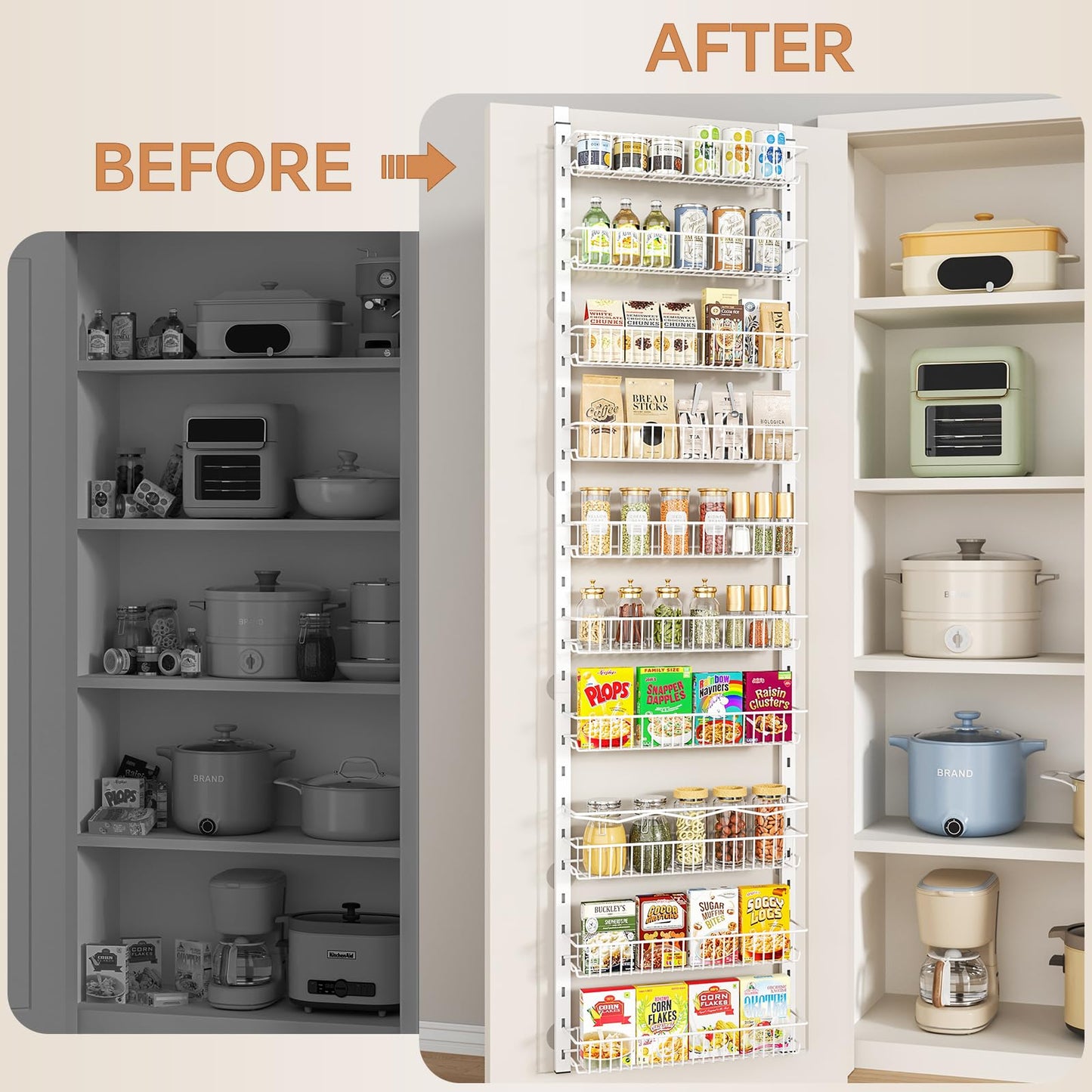 MIAOLI Over the Door Pantry Organizer, 10-Tier Adjustable Spice Rack Cabinet Door Shelves, Hanging Seasoning Organizer for Kitchen Bathroom, Laundry Room Organization, White