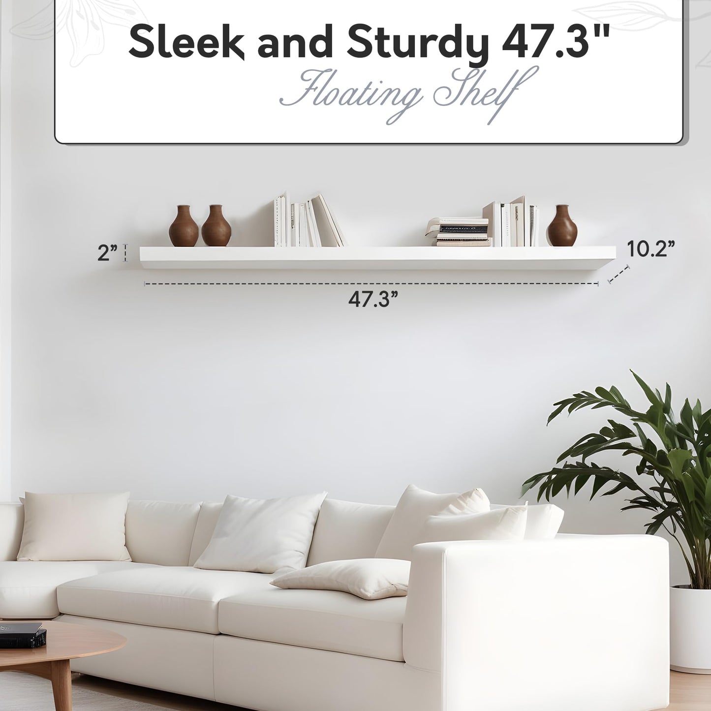 InPlace Durable Shelf with Invisible Brackets - Easy to Install & Remove Deep Floating Shelves for Wall - Infant MDF Wall Shelf for Bedrooms & Kitchen - 10.2"D x 47.3"W x 2"H - White - 0191801