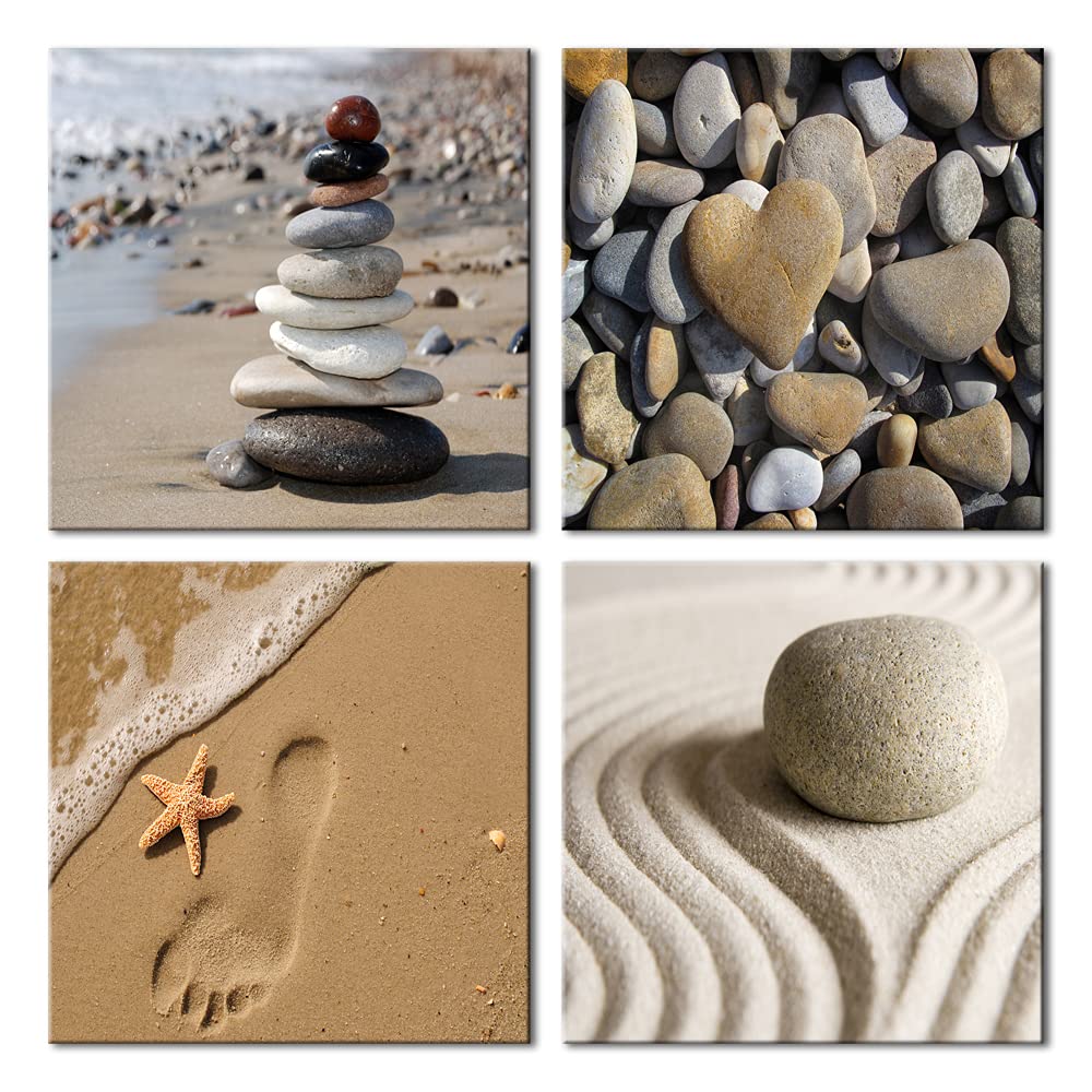 Wieco Art Canvas Prints Wall Art Romantic Beach Theme Zen Stone Pictures Paintings for Living Room Kitchen Home Decor Large Modern 4 Panels Stretched and Framed Seascape Sea Beach Artwork L