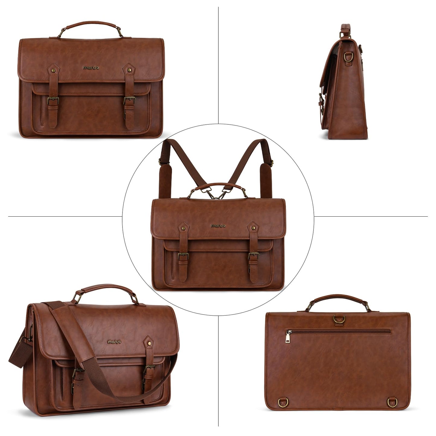 MOSISO 3 in 1 Laptop Bag, 15.6 inch PU Leather Shoulder Bag Briefcase Messenger Satchel Laptop Backpack, 15-16 inch Computer Bags Handbag Bookbag, Brown