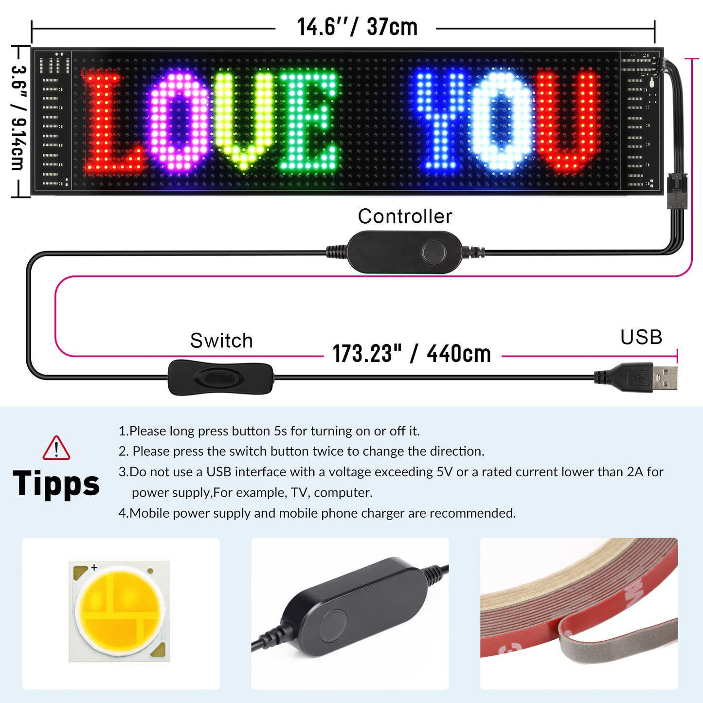 RAYHOME Scrolling Bright Advertising LED Signs, Flexible USB 5V LED Car Sign Bluetooth App Control Custom Text Pattern Animation Programmable LED Display for Store Car Bar Hotel (15''x4'')