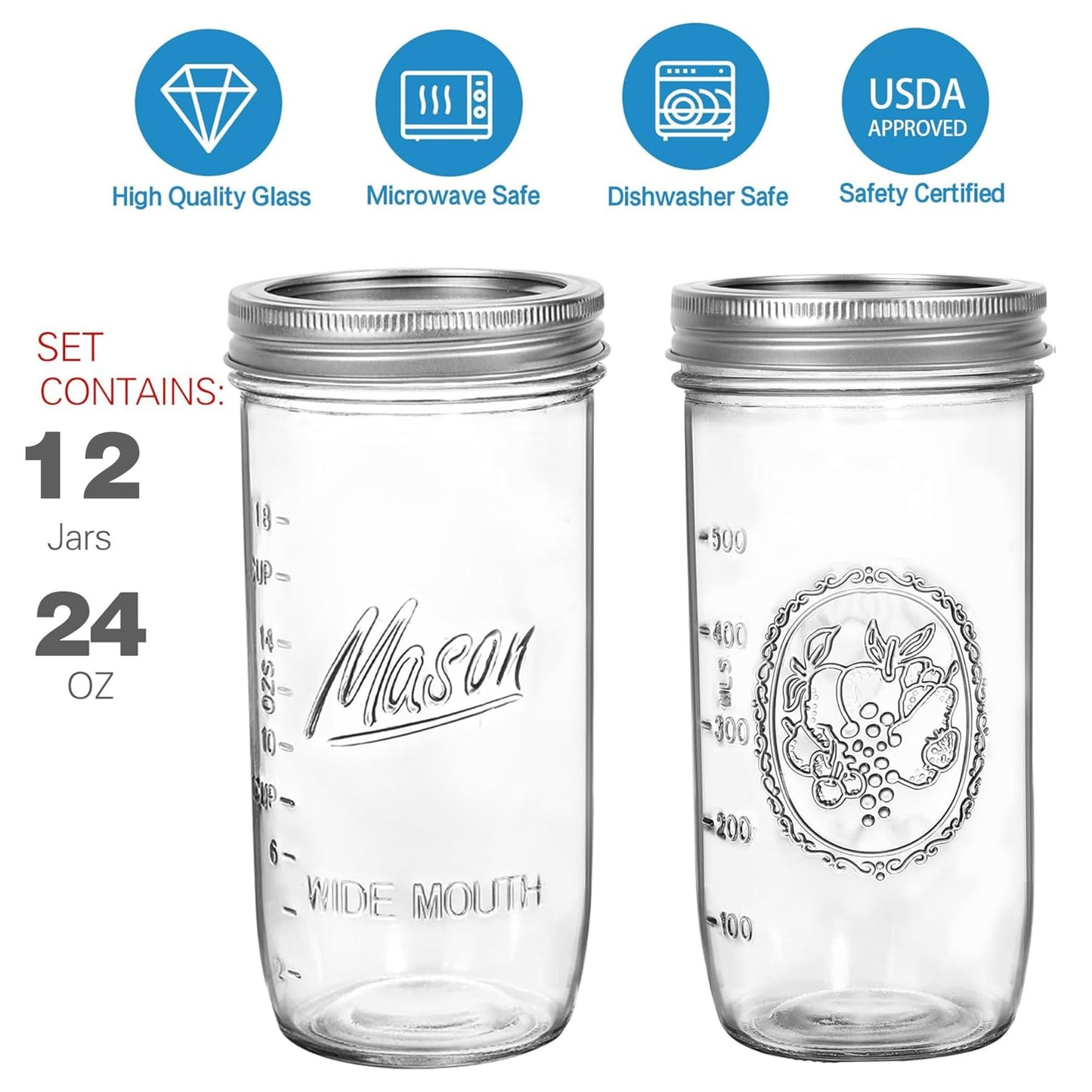 24 oz Wide Mouth Mason Jars - Canning Jars with Metal Airtight Lids and Bands, 24 ounce Mason Glass Jars for Fermenting, Pickling, Meal Prep, Overnight Oats, Jam, Jelly, DIY Projects (12 pack)