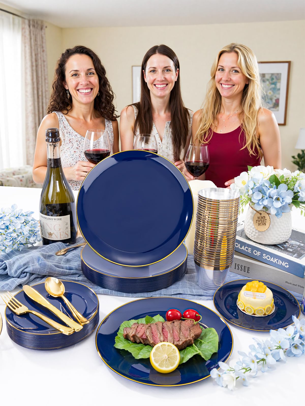 WDF 300PCS Navy Blue Plates Disposable - Blue Plastic Plates 50guest Heavy Duty Plastic Dinnerware Sets for Party/Wedding/Birthday/Graduation