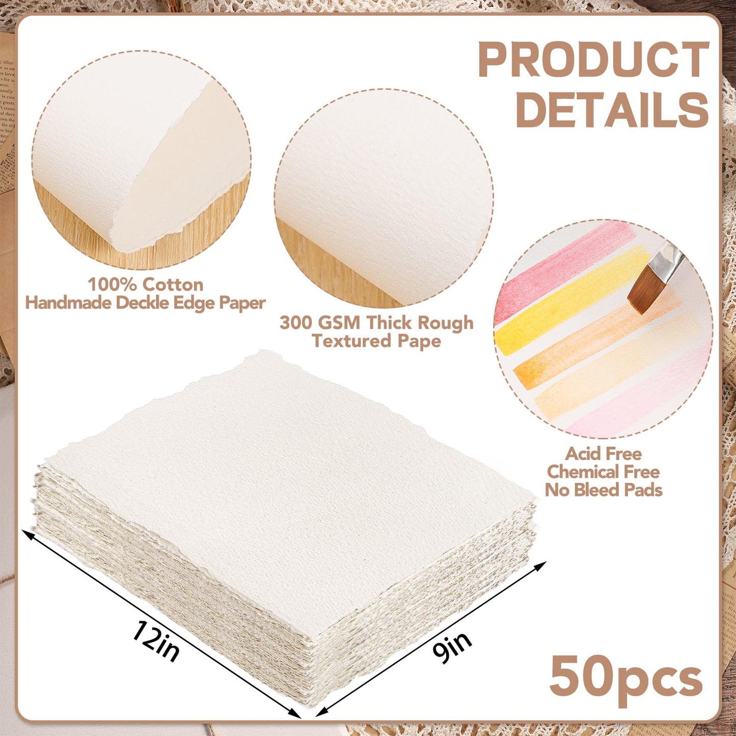 50 Sheets Watercolor Paper 9 x 12inch, 300 GSM Deckled Edge Paper Rough/Textured Handmade Paper for Watercolors, Wedding Invitations, Cards, Crafts