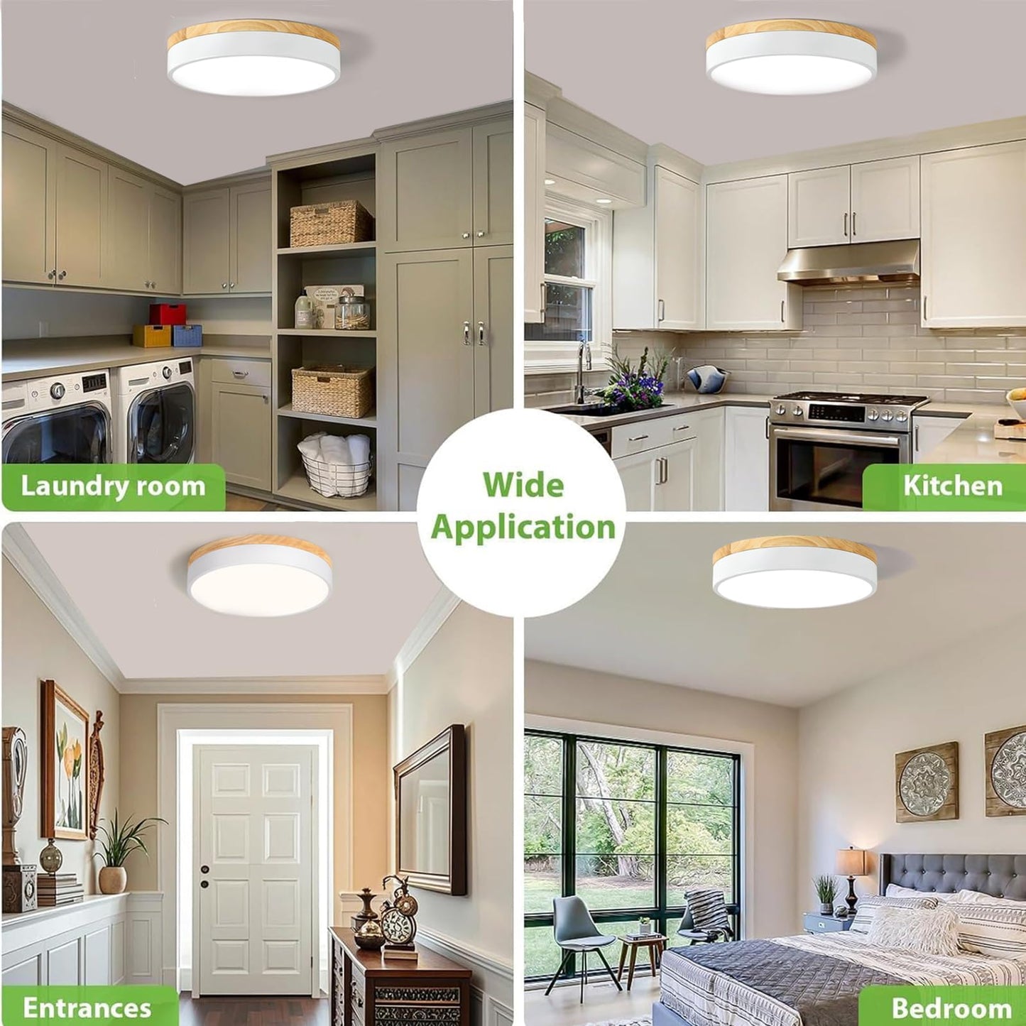 Dimmable Modern Wood Ceiling Light, White LED 5CCT 2700K-6000K Flush Mount Ceiling Lighting Fixture, Round Light Fixtures for Kitchen Entryway Hallway Bedroom Laundry Room-11.8in