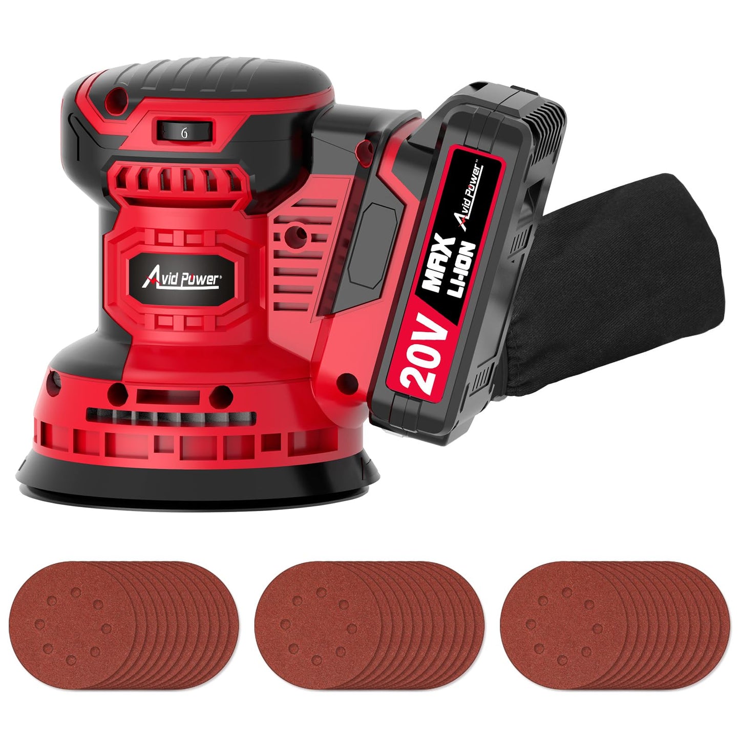 AVID POWER 20V Cordless Orbital Sander 5 Inch Electric Sander Tool with 6 Variable Speeds 7000-11000 RPM Battery Powered Sanders for Woodworking, 30 Pcs Sandpapers and Dust Collection Bag