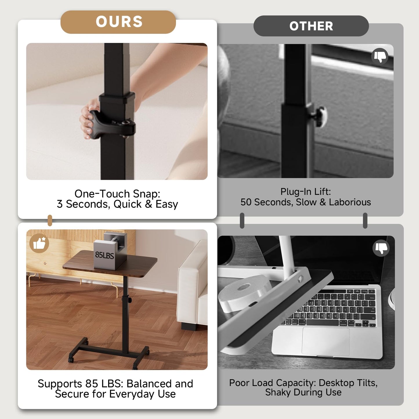 GTPLAYER Small Standing Desk, 24 Inches Foldable Mobile Rolling Laptop PC Table with Lockable Casters, Adjustable Height Overbed Bedside Table Computer Workstation for Home Office, Dark Brown-Foldable