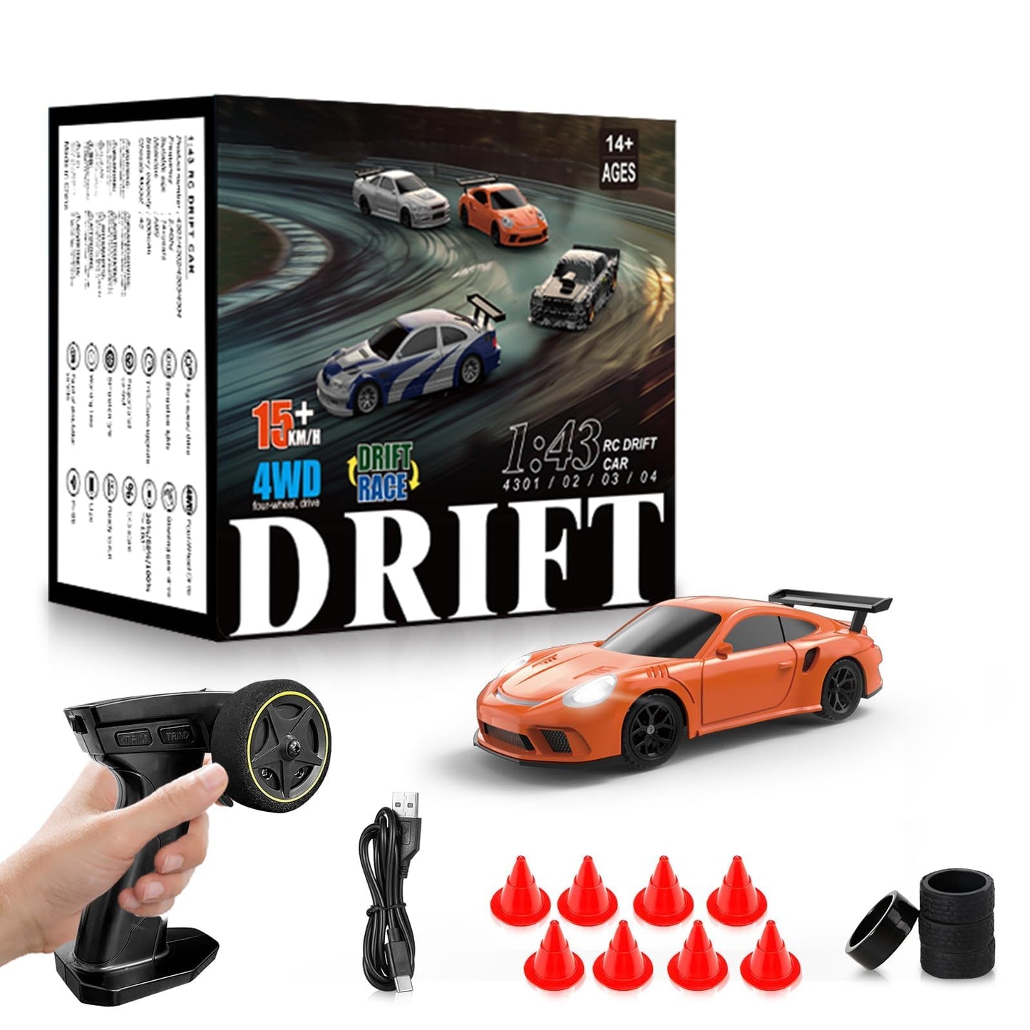 RC Drift Car, 1/43 Mini RC Drift Car with Gyroscope, 2.4GHz Full Proportional Remote Control Cars, 4WD High Speed Racing with Lights, Racing Tires, Model Cars Gift for Adults, Kids, Boys, Girls