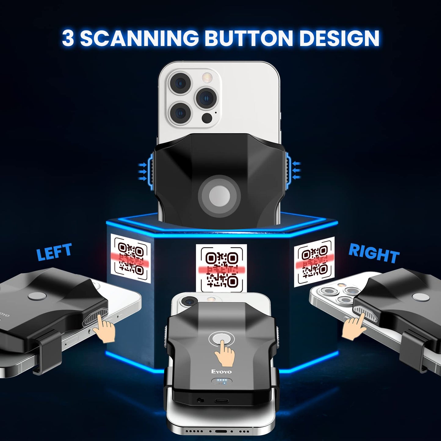 Eyoyo Bluetooth QR Code Scanner, 2D Wireless Back Clip Phone UPC USB Barcode Scanner Reader with Battery Level Indicator Compatible with 4.7"-7.2" Android Phone, iPhone for Book Library Inventory