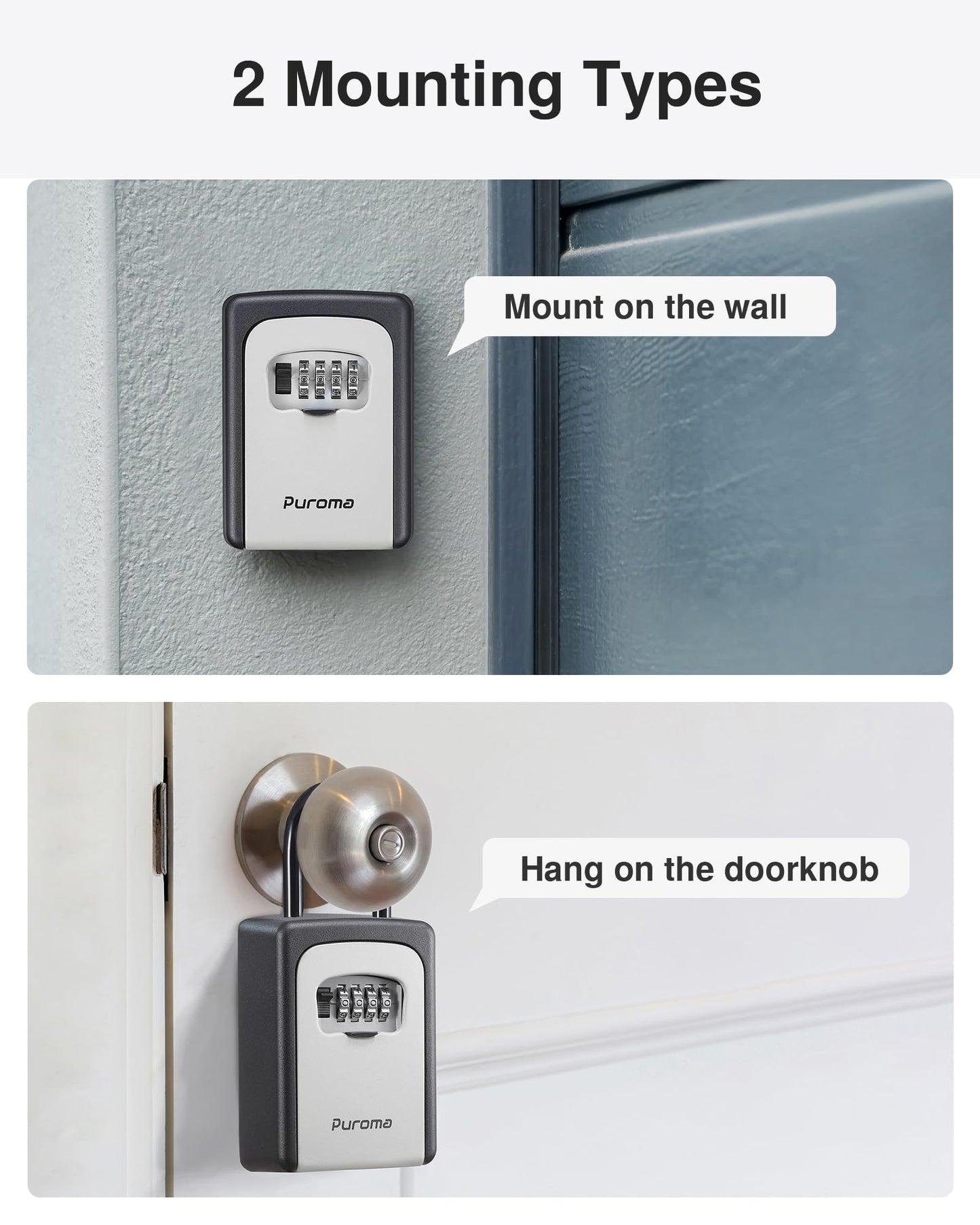 Puroma Lock Box, Large Key Lock Box Resettable Combination Code Lockbox, Portable Wall Mount Lockbox Waterproof Security Safe Box for Outside Outdoor Home Office Door Handle House Key, Gray (4 Pack)