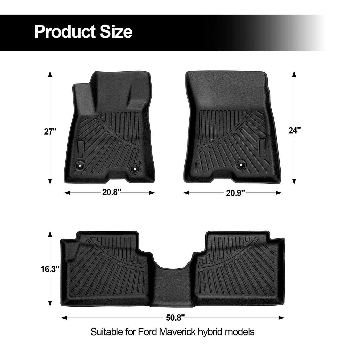 otoez Floor Mats for Ford Maverick Hybrid 2022-2024 2025 (Hybrid Models Only), All Weather Heavy Duty Custom Fit TPE Floor Liners, 1st & 2nd Row Maverick Car Mats Accessories (3PCS)