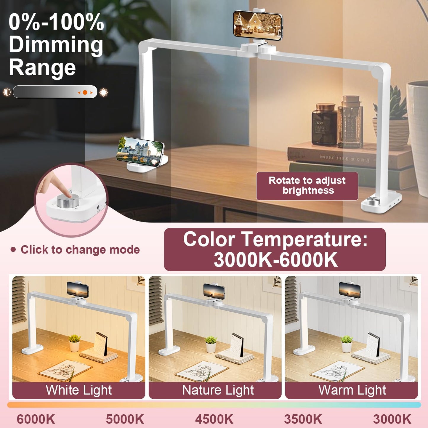 iVict Nail Desk Lamp, 34" Nails Tech Light with Phone Stand, 0-100% Adjustable Brightness, 3000K-6000K Color Temperature Led Desk lamp for Nail, Tattoos, Eyebrows, Beauty