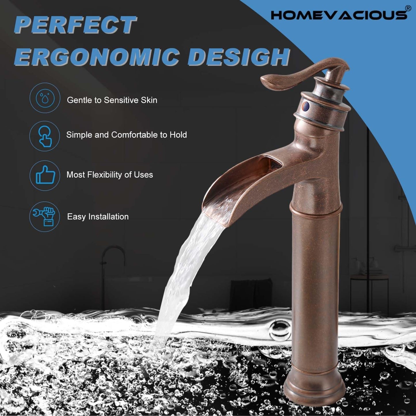 Vessel Sink Faucet Copper Tall Bathroom Faucets Waterfall Single Handle 1 Hole Farmhouse Antique with Pop up Drain Assembly and Supply Lines Mixer Tap Without Overflow Counter Top