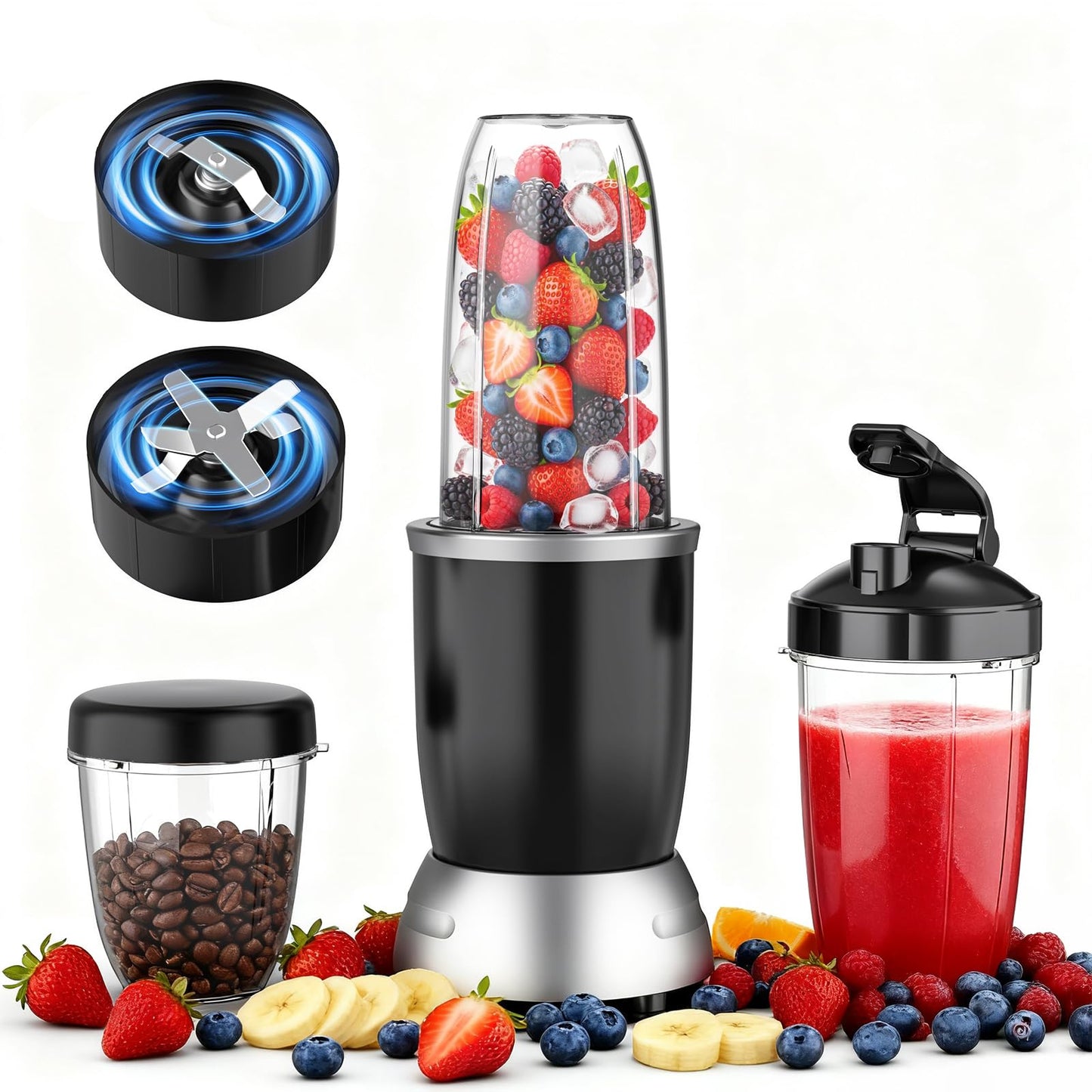 Smoothie Blender, 25000 RPM Portable Blender for Smoothies, Countertop Blenders for Kitchen with 37oz, 32oz, 23oz Personal Blenders Cups, 1 Spout Lids &1 Resealable Lid for Crushing, Juice, Nuts