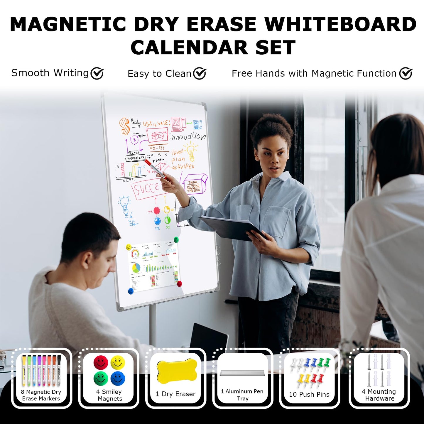 EAONE Magnetic Whitboard Calendar for Wall, Double Sided Dry Eraser Board Combo with Aluminum for Office, School, Home Kitchen (Silver, 36" x 24")