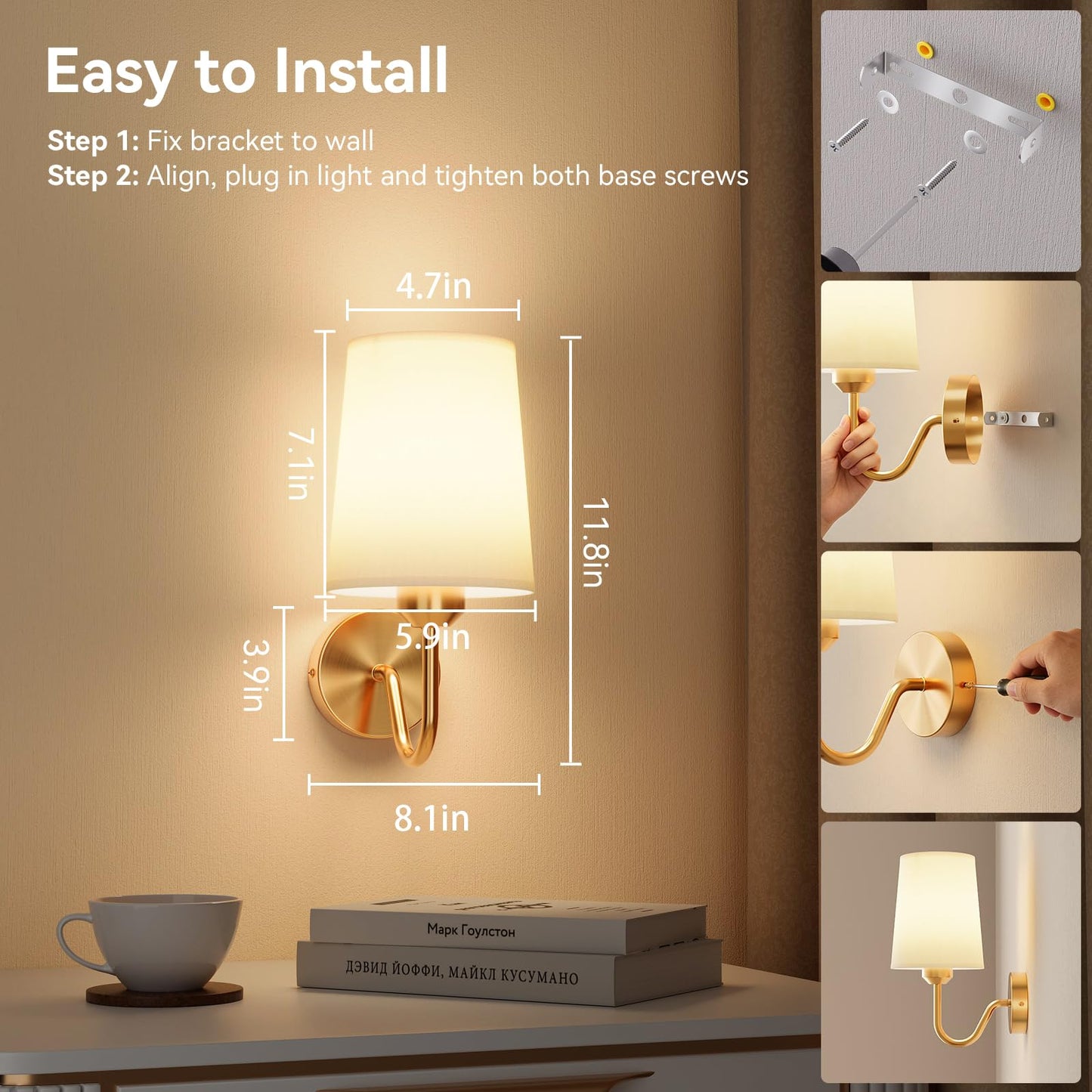 Ouyulong Battery Operated Wall Sconces Set of 2, Wireless Rechargeable Dimmable Wall Light with RGB Bulb and Remote for Bedroom, Living Room, Hallway (Gold)