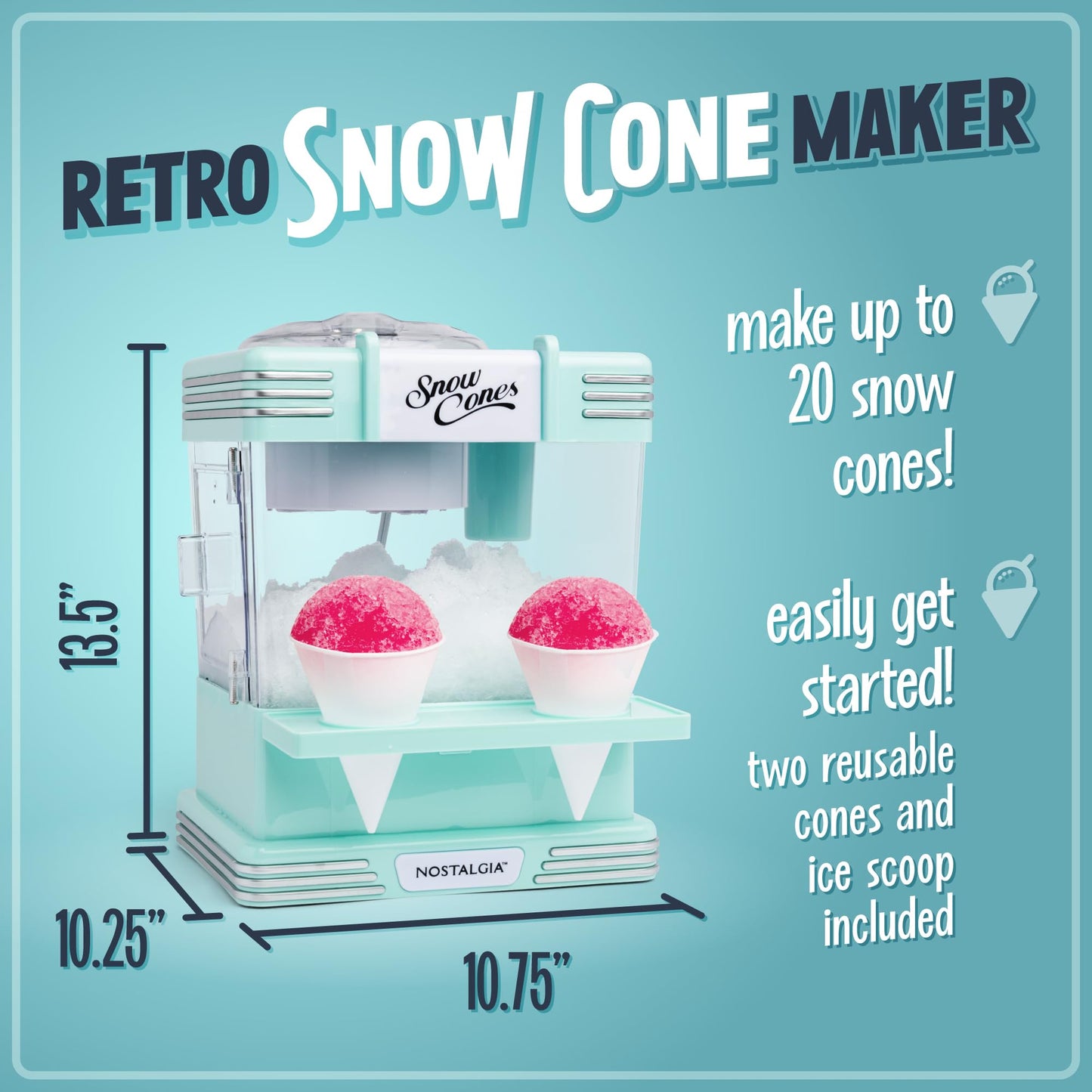 Nostalgia Snow Cone Shaved Ice Machine - Retro Table-Top Slushie Machine Makes 20 Icy Treats - Includes 2 Reusable Plastic Cups & Ice Scoop - Aqua
