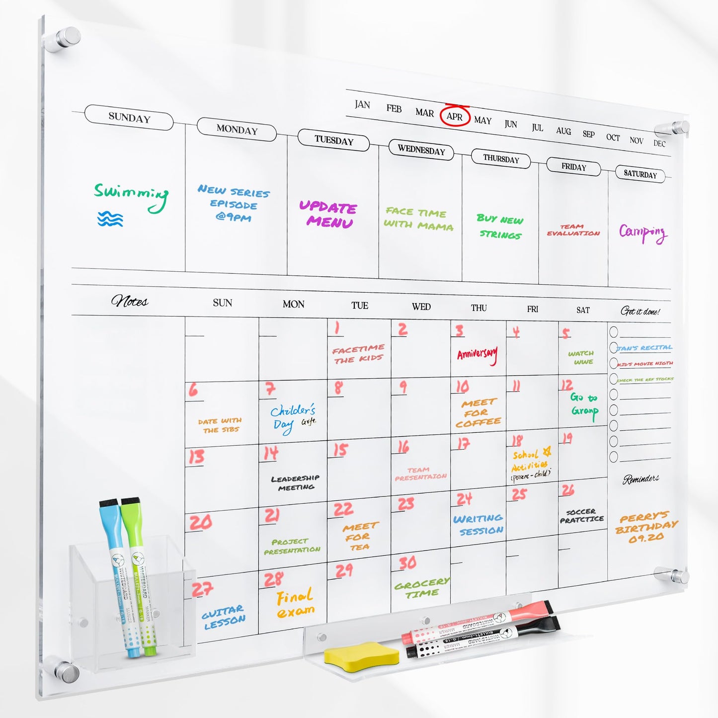 Acrylic Calendar for Wall - 24x18” Wall Calendar, Dry Erase Calender, Clear Calendar for Wall, Includes Magnetic Pen, Tray Holders, 4 Markers and 1 Eraser