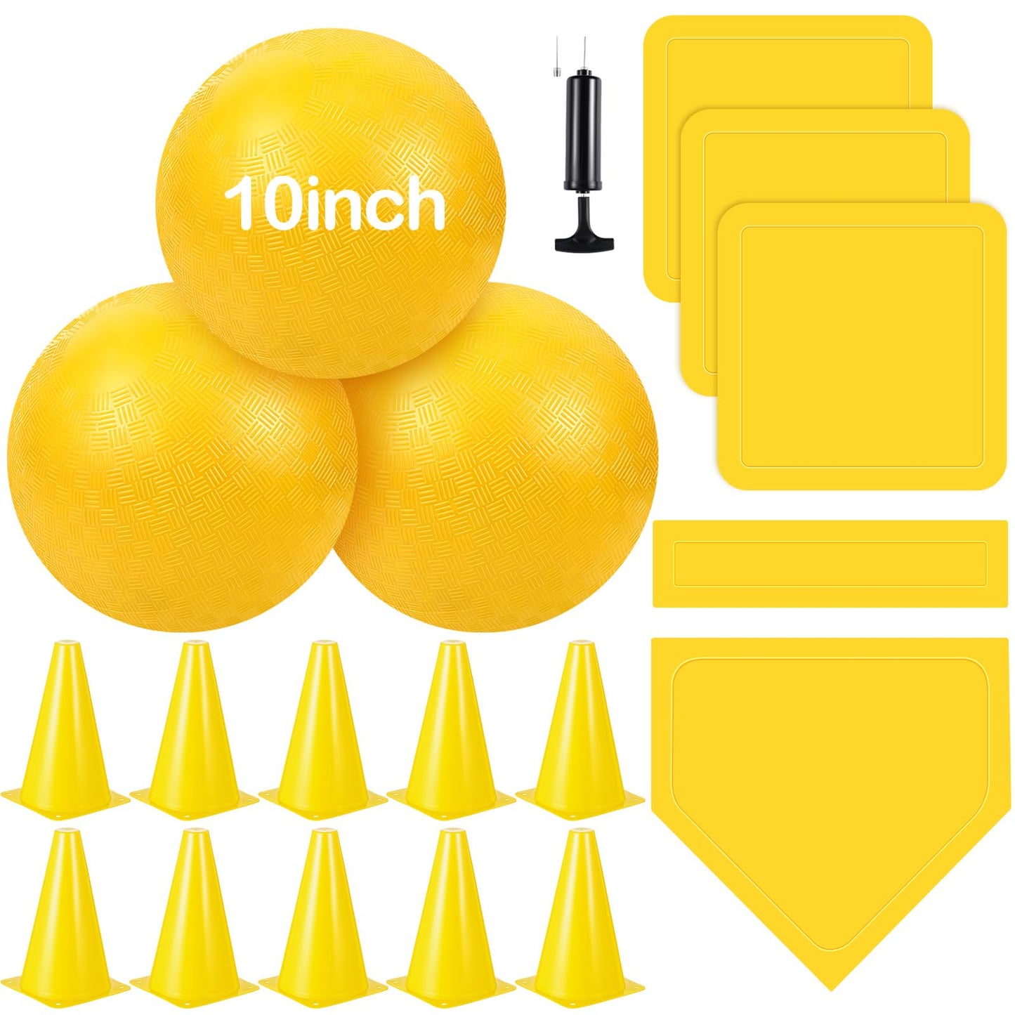 Jenaai 20 Pcs Sports Kickball Set, 3 10'' Playground Ball, 5 Rubber Throw Down Bases, Ball Pump, Net Bag, 10 Foul Line Cones, Kickball All in One Kit for Kids Adults Playground Backyard Game (Yellow)