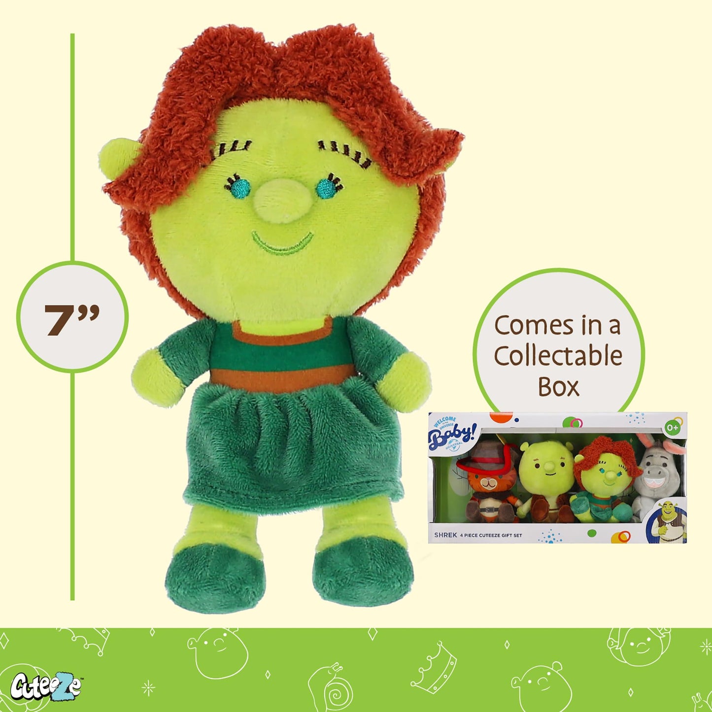 Kids Preferred Shrek Cuteeze 4 Piece Set - 6 Inch Shrek, Fiona, Donkey, and Puss in Boots Plush - Beans in Body for Comfort, for Baby Boys & Girls