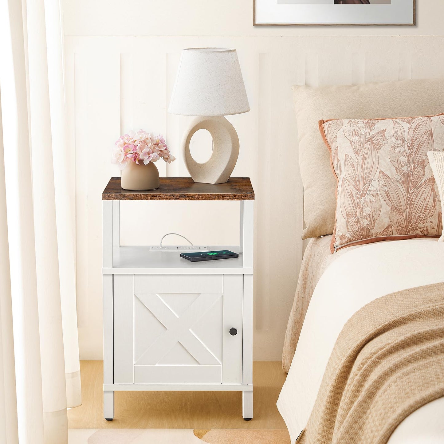 MAHANCRIS Farmhouse Nightstand with Charging Station, Barn Door End Table with USB Ports and Storage Cabinet, Bedside Table for Bedroom, Living Room, Small Space, White and Rustic Brown ETRW96E01