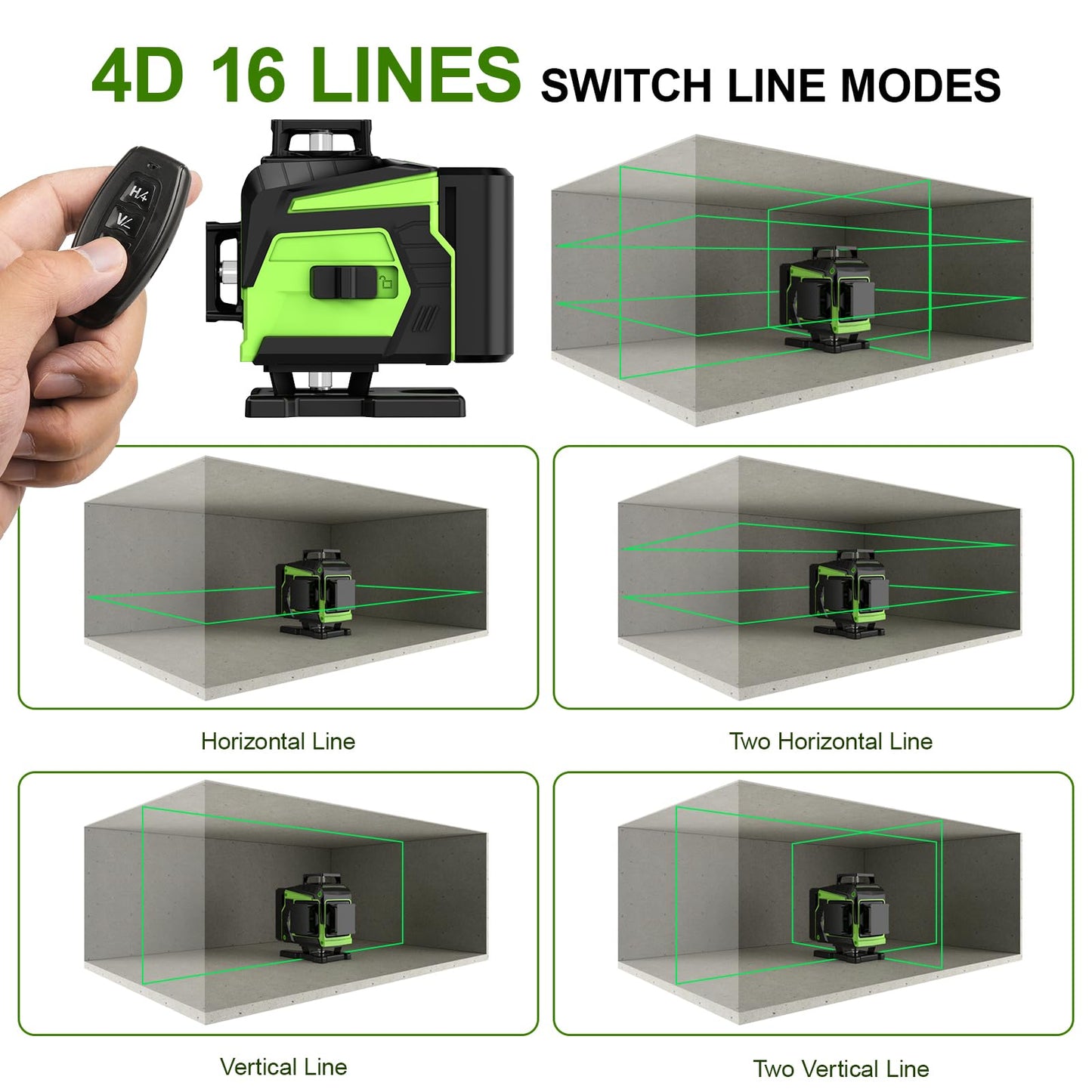 Laser Level,16 Line Laser Level 360 Self Leveling,4x360°4D Green Cross Line Laser for Construction and Picture Hanging,lazer leveler tool with 2 Batteries,Magnetic Bracket & Remote Controller