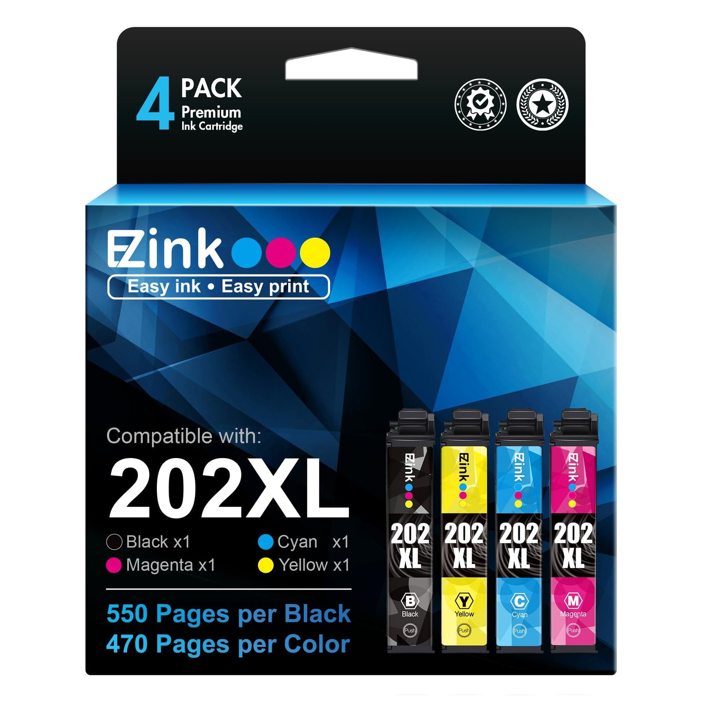 E-Z Ink Remanufactured Ink Cartridges Replacement for Epson 202 XL 202XL T202XL to Use with Expression Home XP-5100 to Use with Workforce WF-2860 Printer (1 Black, 1 Cyan, 1 Magenta, 1 Yellow)