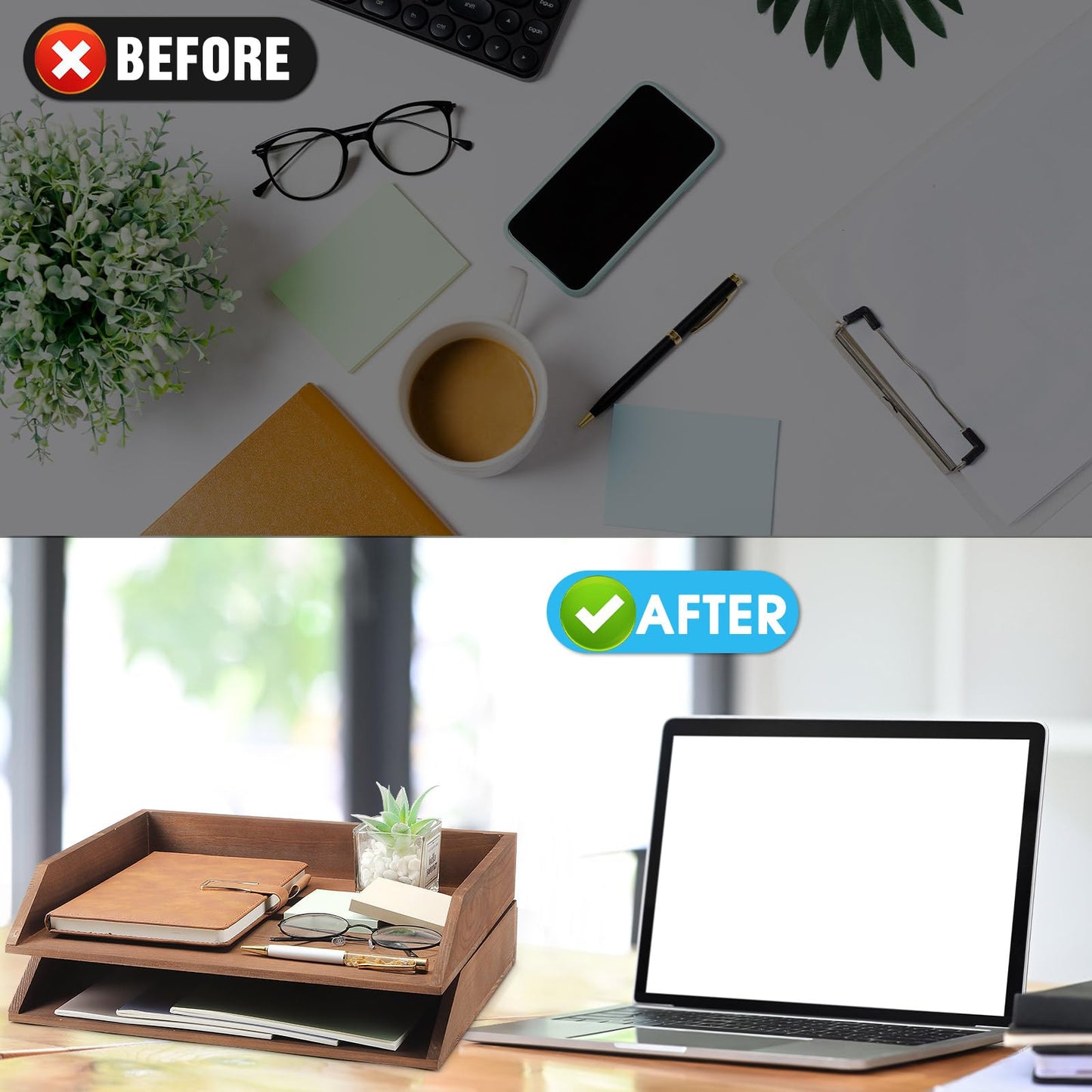 Beeveer 2 Pcs Dark Wood Letter Tray Wooden Desk Paper Organizer 2 Tier Stackable Load Documents Desktop Tray Drawer File Folder Magazine Office Accessories for Home Office Back to School