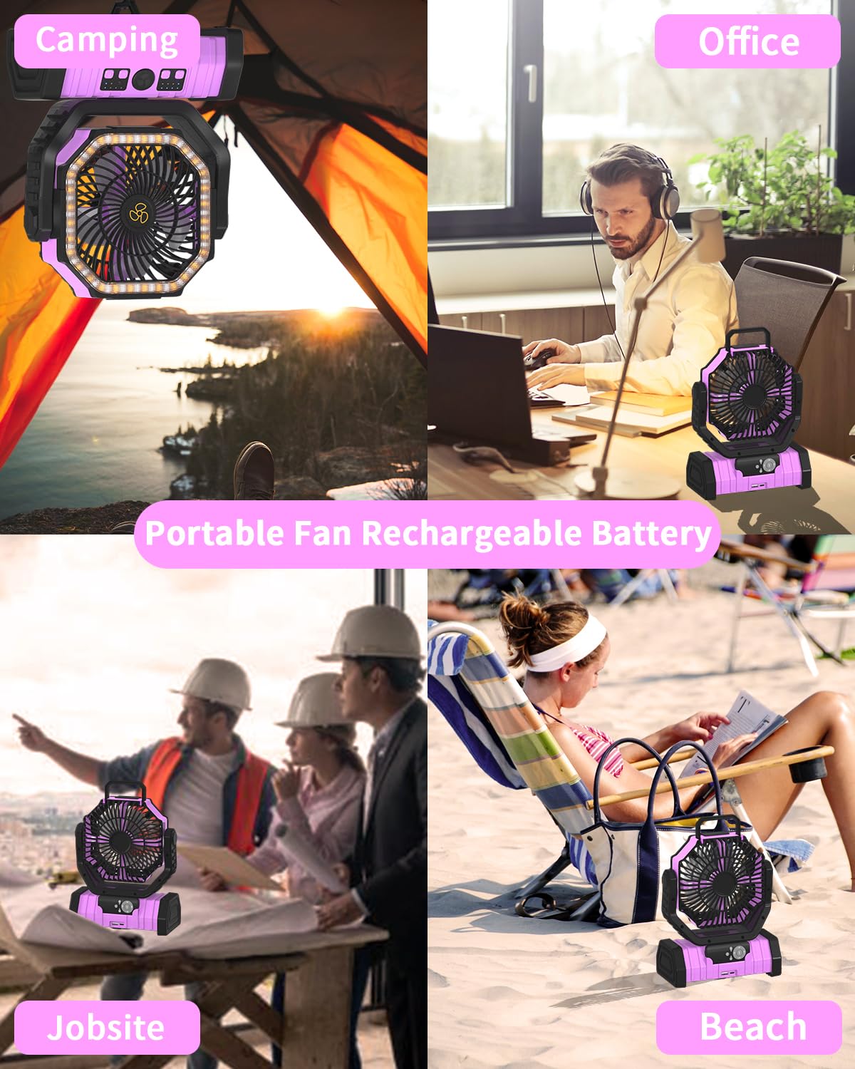 ADUST Camping Battery Operated Powered Fan with LED Lantern Light Portable 20000mAh Rechargeable Oscillating Fan with 360° Rotation Hanging Hook for Tents, Cordless USB Desk Fan(Pink)