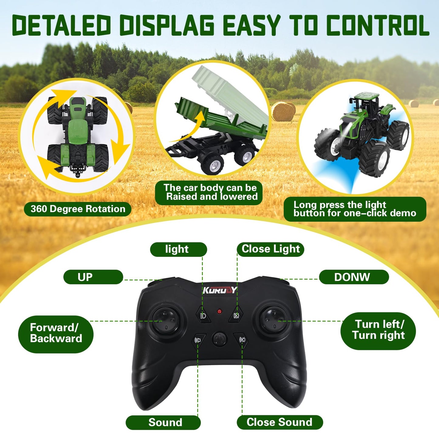 Peagprav Remote Control Tractor Toy with RC Trailer -23.6 Inches 1/16 Scale RC Monster Truck- 2.4GHz Toddlers Farm Vehicle Toys Set for Boys Girls Kids Ages 3-8 Year Old Birthday Gift