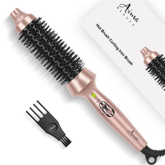 Aima Beauty Heated Round Brush, 1.3"/35mm Ionic Straightening Brush, Hair Curling Iron Brush Create Smooth & Shiny Loose Curls, Fast Heating Thermal Brush, Dual Voltage, 60Mins Auto Shut Off, Gold