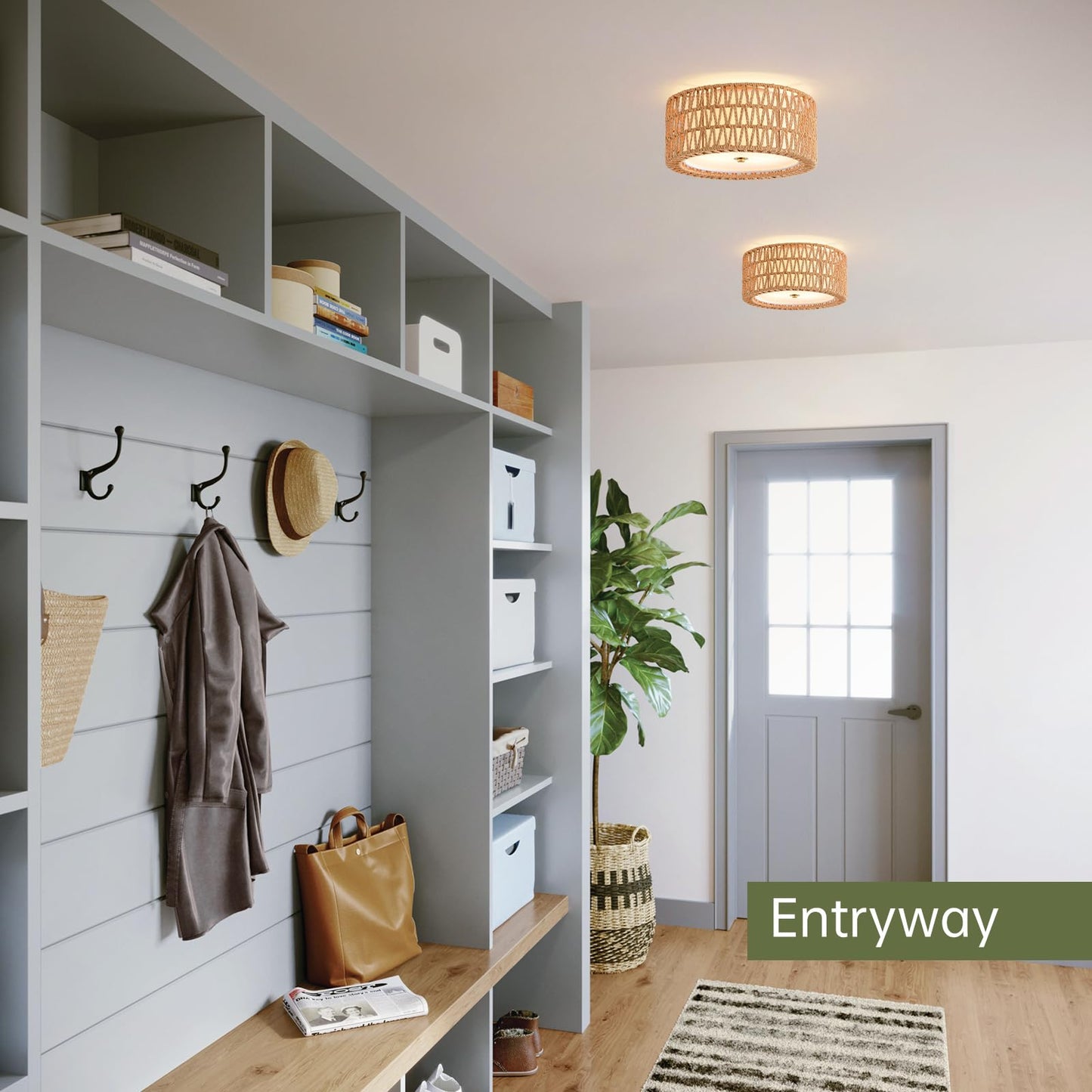 InterMaka Boho Ceiling Light Fixtures 12.6" Flush Mount Ceiling Light, Hand-Woven Rattan Light Fixture for Bedroom Close to Ceiling Light Modern Ceiling Light for Foyer Hallway Entryway Kids Room