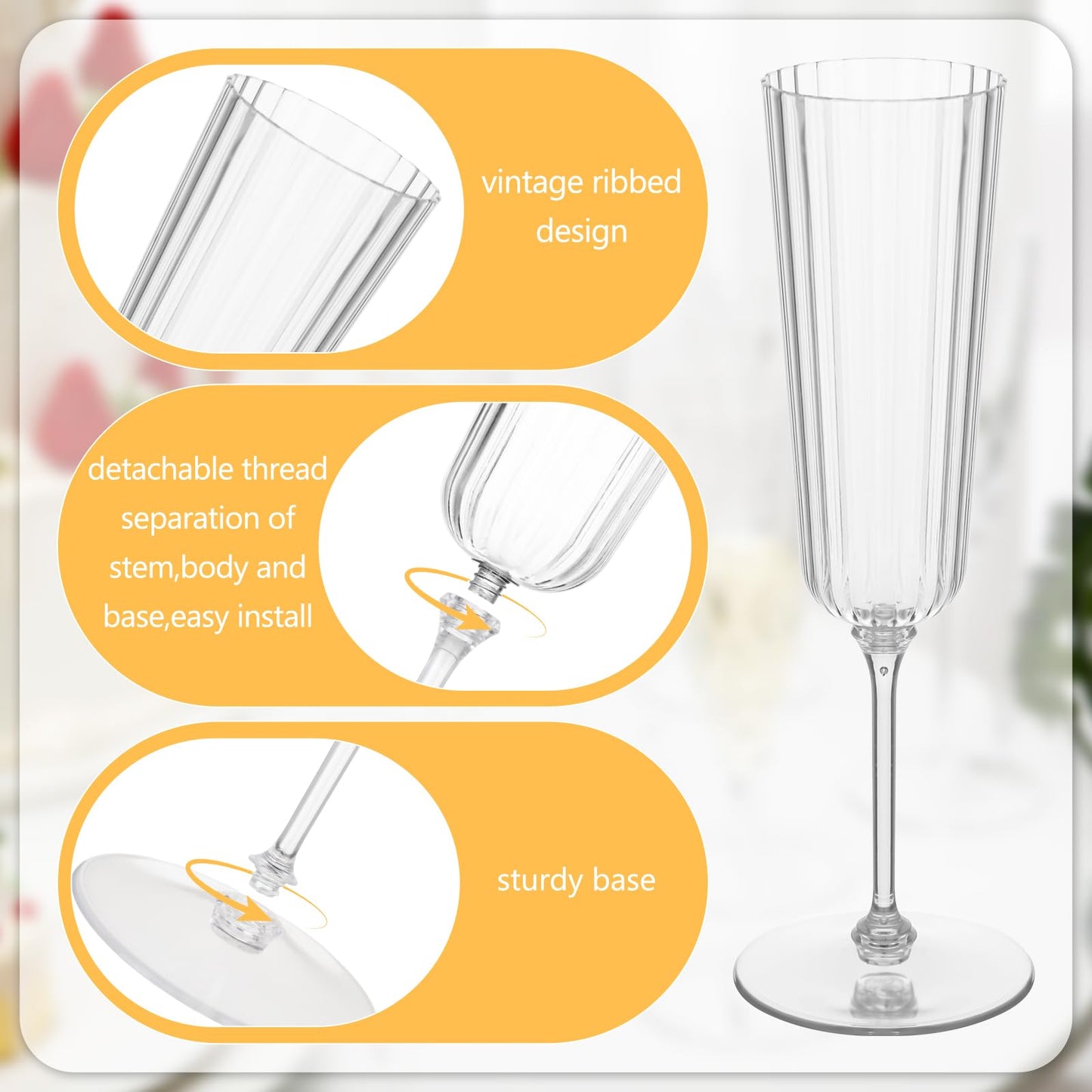 Jingmore 48 Pcs Plastic Ribbed Champagne Flutes With Stem, 6.4 oz Clear Vintage Disposable Champagne Glasses for Wedding Birthday Anniversary (Clear)