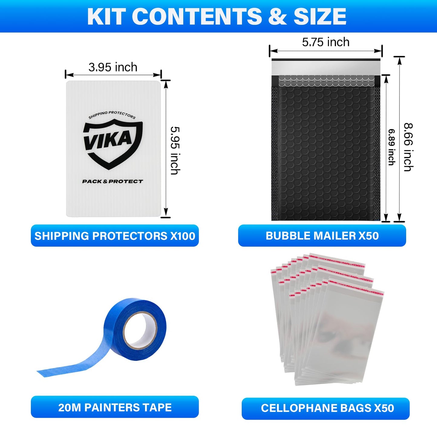 VIKA Trading Card Shipping Kit - 100 Pcs 4''x6'' Trading Card Shipping Protectors, 50 Pcs 6''x8.7'' Envelope Bubble Mailers, 20M Painter’s Tape, 50 Cellophane Bags, Fits PSA/BGS/CGC Slabs, Raw Cards