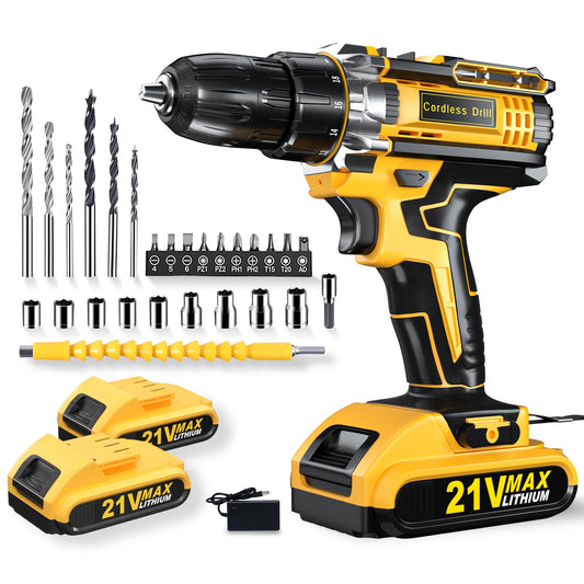 Drill, 21V Cordless Drill with Dual 2.0Ah Power Pack, Electric Drills 3/8 Inch Chuck 370 In-lbs, 25+1 Torque Power Combi Screwdriver Set with Power Pack and Charger, 2 Speed LED Light 29 Accessories