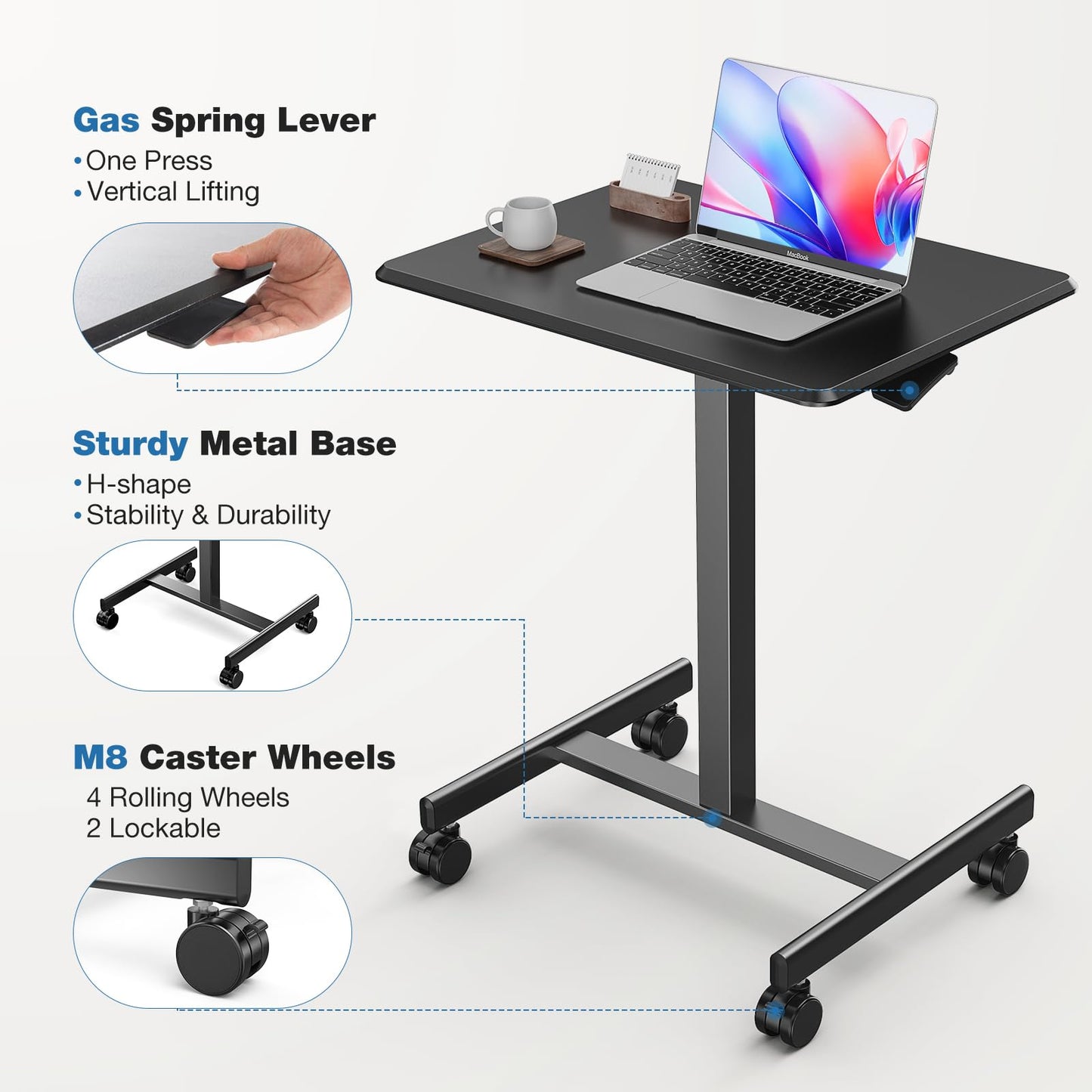 OLIXIS Mobile Rolling Desk with Wheels Small Standing Laptop Desks Portable Pneumatic Adjustable Height Sit Stand Table Computer Workstation for Home Office Black