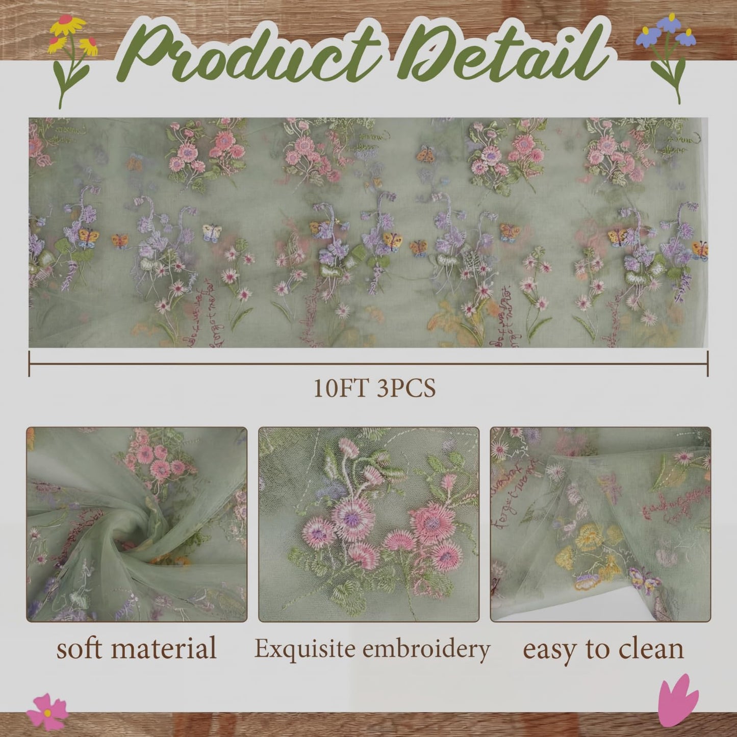 Windkream Sage Green Floral Table Runner 10ft Embroidery Tulle Spring Wildflower Table Runner Seasonal Summer Butterfly Kitchen Dining Gauze Decoration for Wedding Baby Shower Birthday Party (3 Pcs)