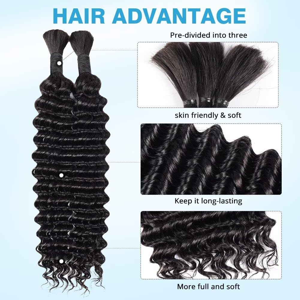 Human Braiding Hair 12A Deep Water Wave Bulk Human Hair 100g 18 Inch Curly Human Hair for Boho Braids Hair Extensions No Weft 2 Braids Per Pack Wet and Wavy Human Hair Braiding Hair Natural Black