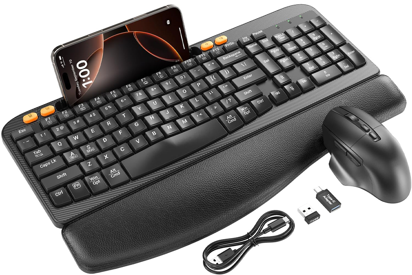 Wireless Keyboard and Mouse Combo, Ergonomic Wave Keys, Cushioned Palm Rest, Rechargeable, Phone Holder, Natural Typing, 2.4G Lag-Free, Full Size Keyboards Cordless Set for Windows/Mac -SABLUTE