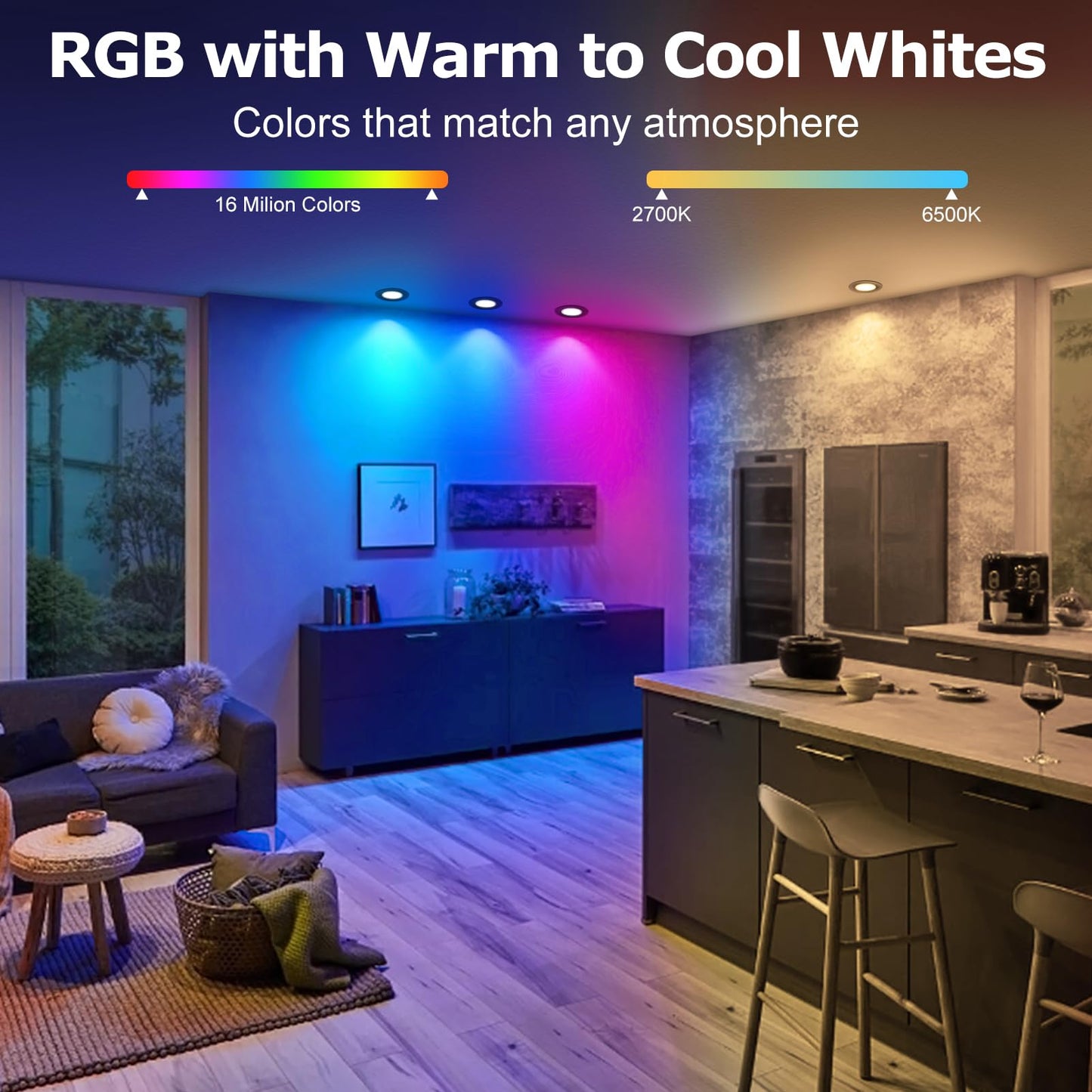 LightingWill 2 Inch Recessed Lighting, Smart WiFi LED Downlight, 5W LED Ceiling Light Compatible with Alexa/Google Assistant, Dimmable RGB & 2700K-6500K, 120V with LED Driver, Black Trim (4 Pack)