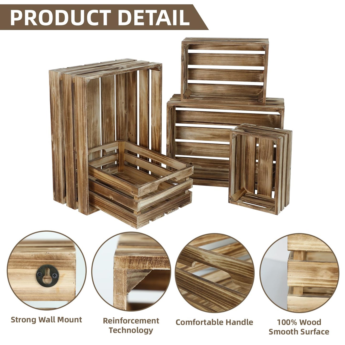 JUMBO HUMBLE Set of 5 Large Wooden Crates, Nesting Storage Crate with Handles, Rustic Torched Brown Farmhouse Wooden Crates for Display, Wedding Birthday Home Party Living Room Kitchen Decoration