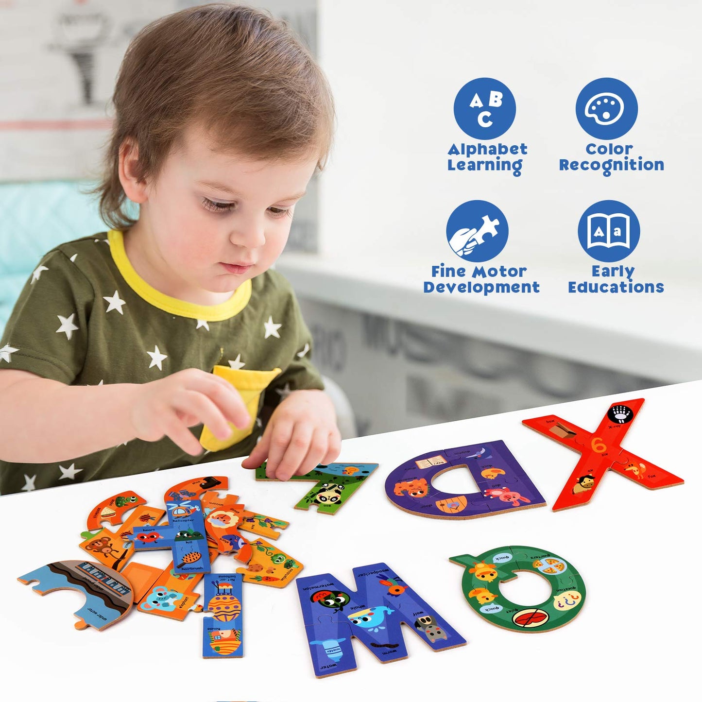 SYNARRY Wooden Puzzles for Kids Ages 3-5, ABC Learning for Toddlers Ages 3+, Sight Words Letter Puzzles Montessori Toys Educational for Preschool Boys Girls