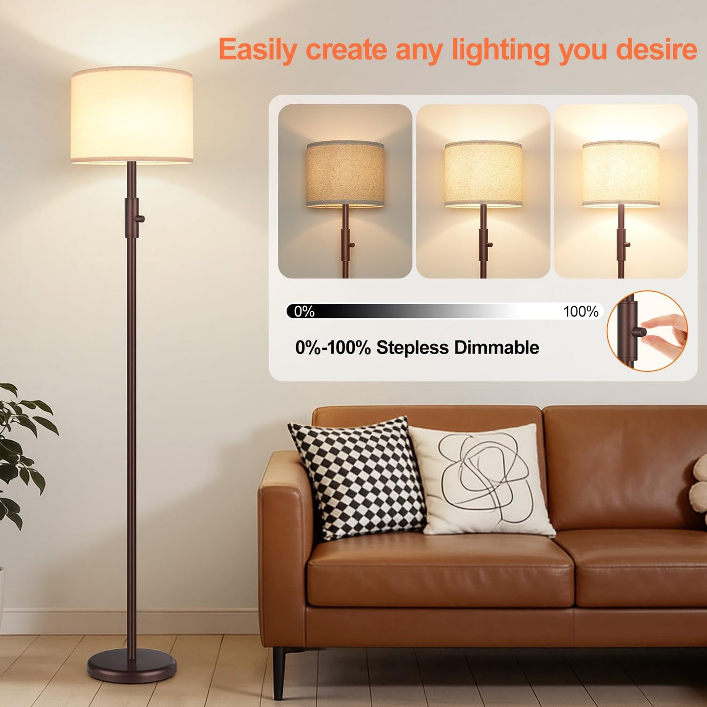 Yemela 【Upgraded】 Dimmable Floor Lamp, Modern Floor Lamps for Living Room, Standing Lamp with Linen Shade, Tall Lamp for Bedroom Office Dining Room- Brown