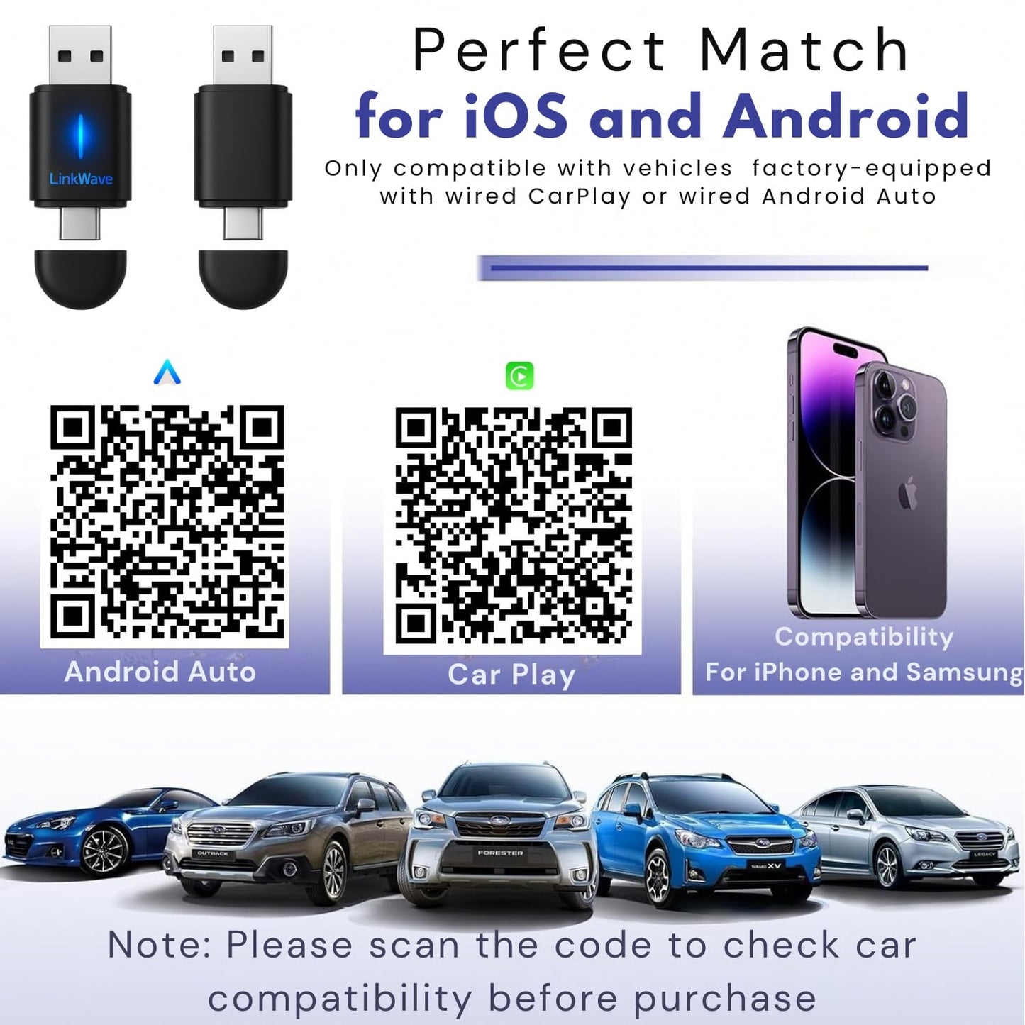 Wireless CarPlay adapter & wireless Android Auto adapter, 2-in-1 USB-A/USB-C dongle for factory wired CarPlay iOS 10+ & Android 11+ cars, easy to install, 3s auto-connect, 5.8 GHz Wi-Fi, Bluetooth 5.2