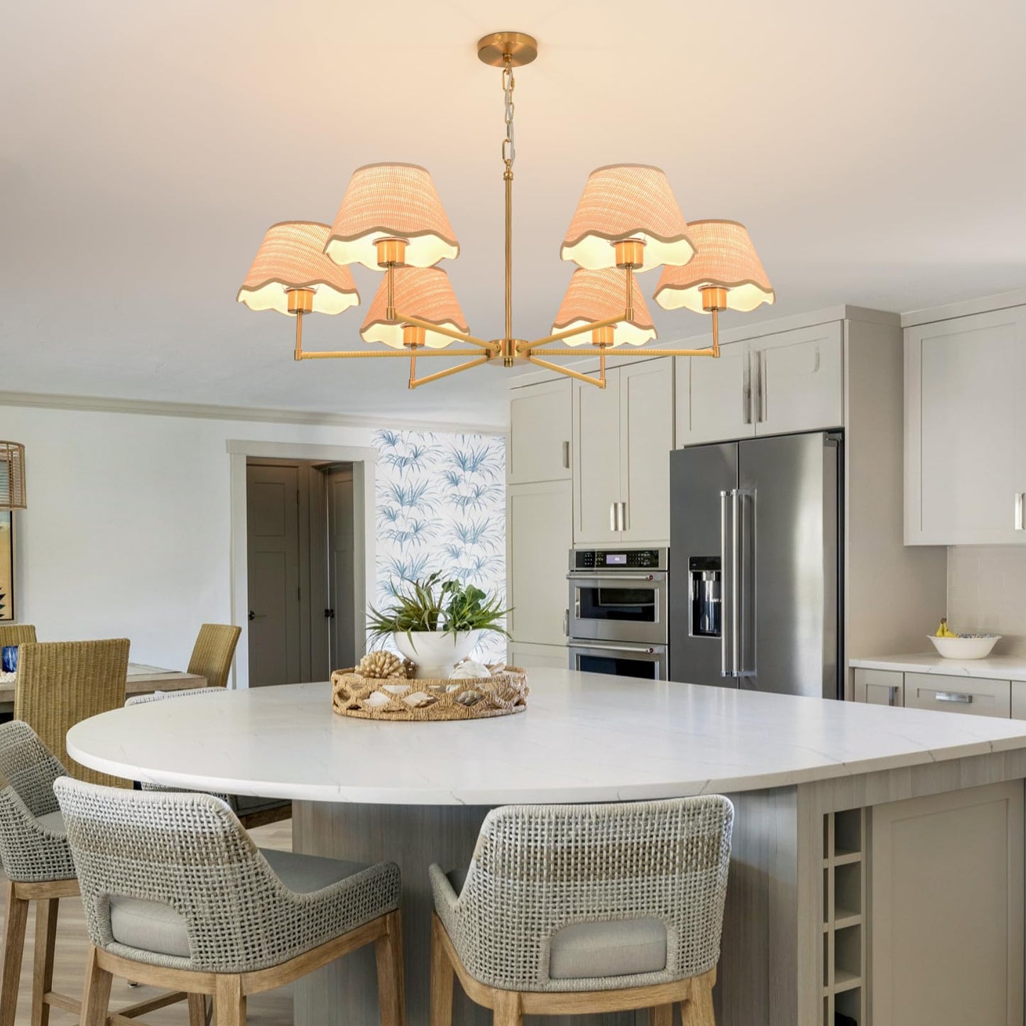 KUSSCO 6-Light Boho Rattan Chandelier 39″ Rattan Pendant Light with Hand-Woven Shade Adjustable Height Vintage Dining Room Chandelier for Kitchen Island Living Room Bedroom Foyer E26 Base