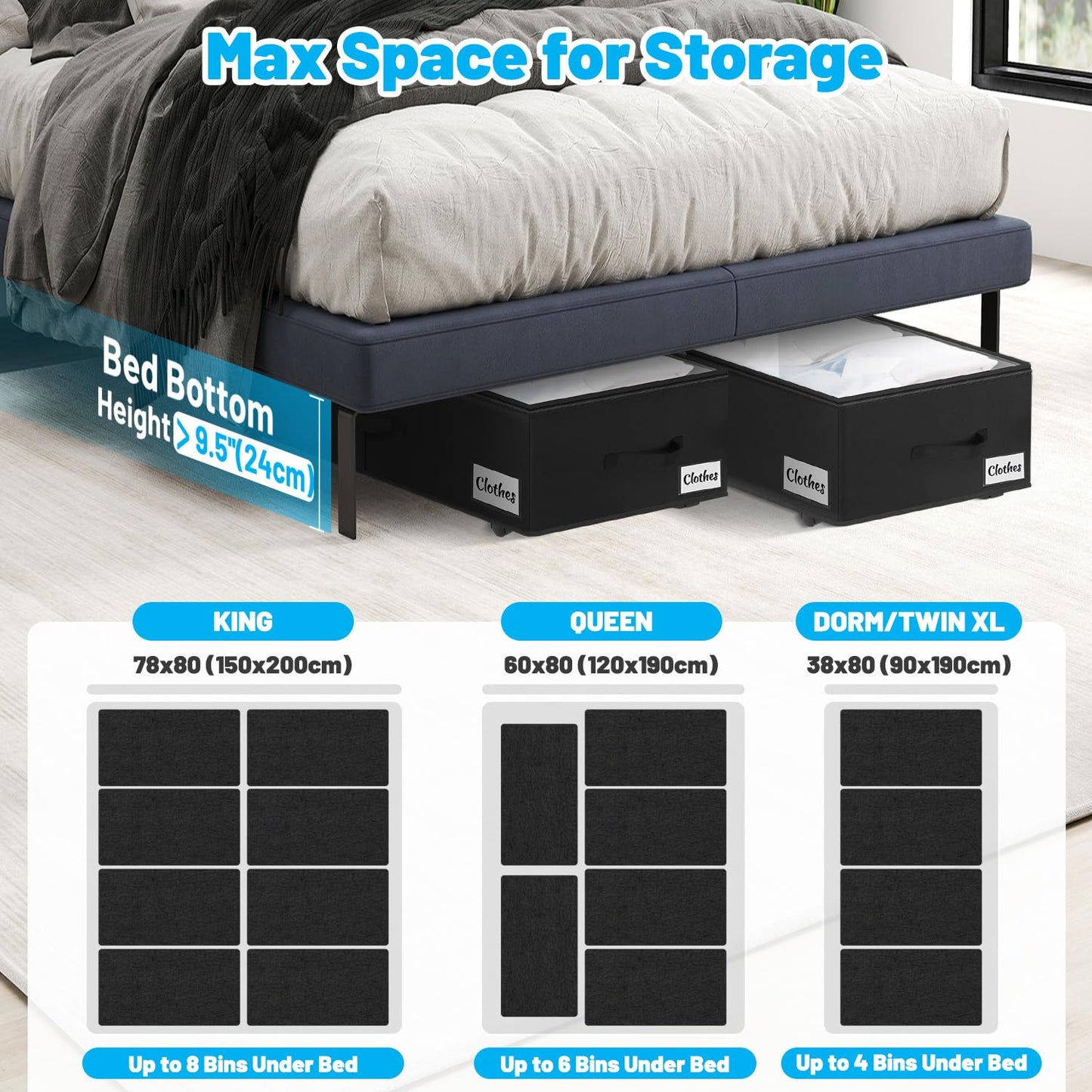 Under Bed Storage with Wheels, 2-Pack 10" Height XXL 75L Rolling Storage Bins, Quick Assembly Underbed Shoe Storage Containers with Clear Lid & Label, Dorm Under Bed Drawers for Clothes, Shoes, Black