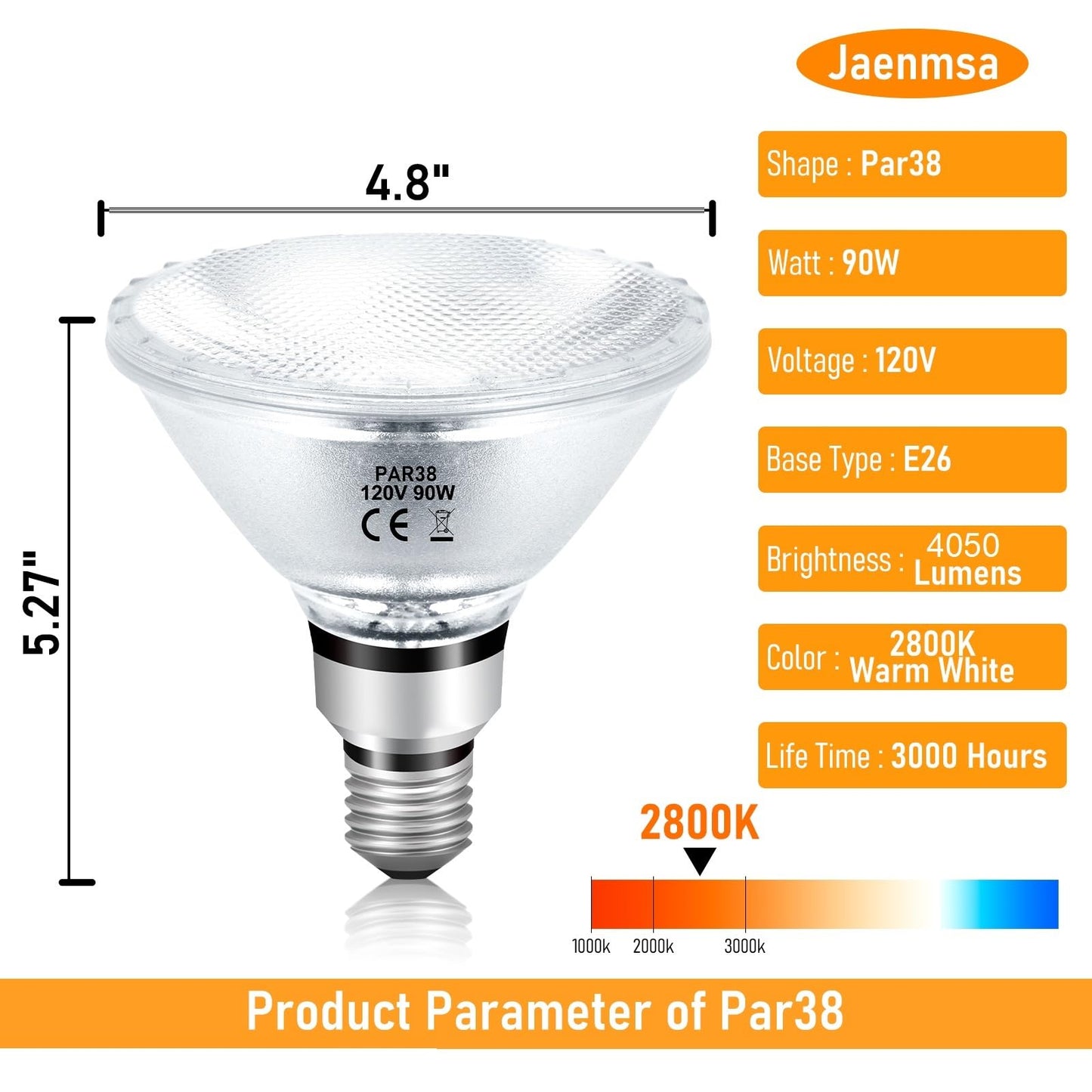 Jaenmsa PAR38 Halogen Flood Light Bulbs 90W 120V, 4Pcs Halogen PAR38 90W Light Bulbs Dimmable with E26 Base, 2700K Warm White, 4050 Lumens for Indoor and Outdoor